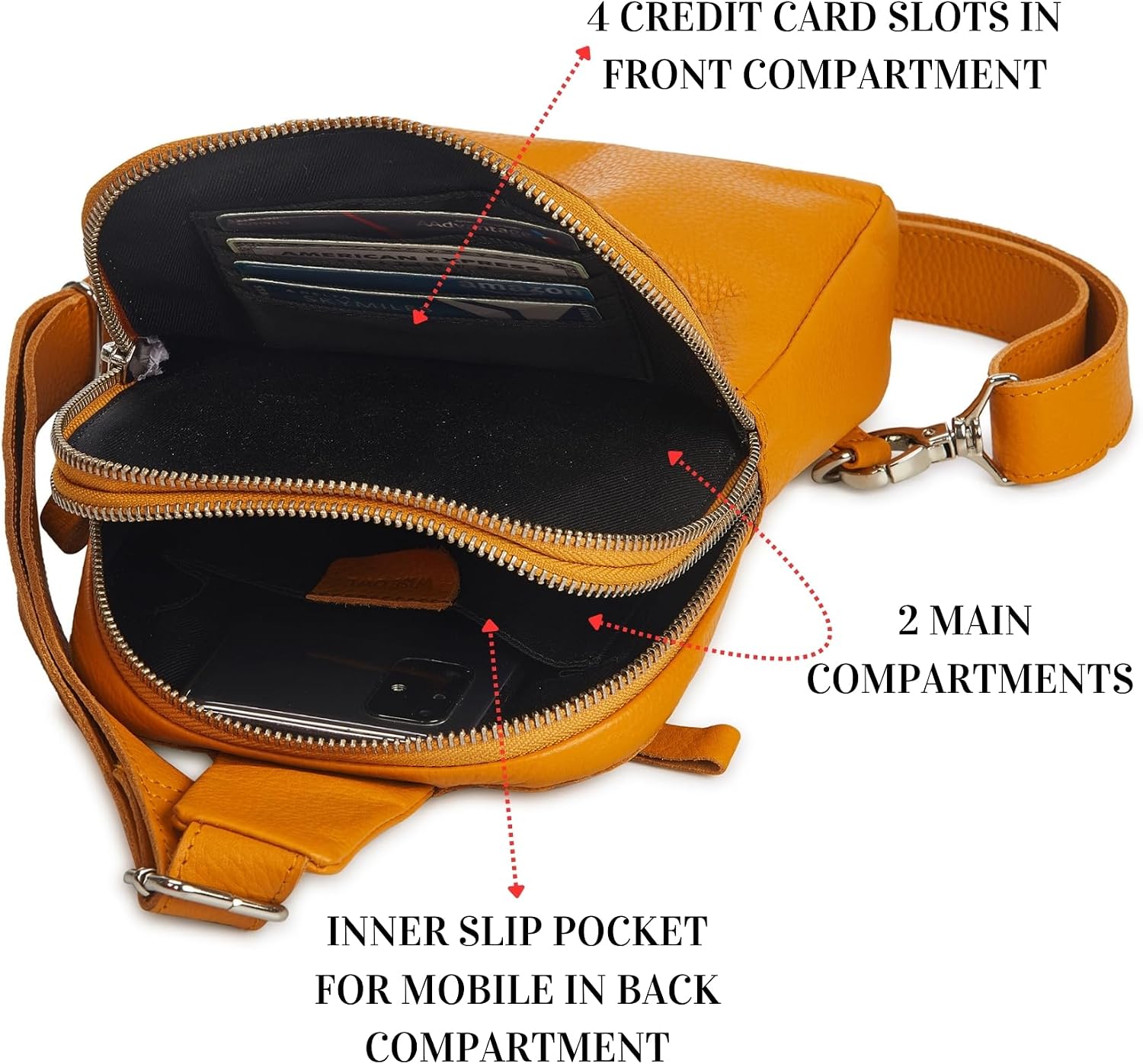 Leather Sling Bag for Women Genuine Crossbody Purse Small Trendy Cross Over Chest with Phone and Credit Card Slots (Mustard Nappa)