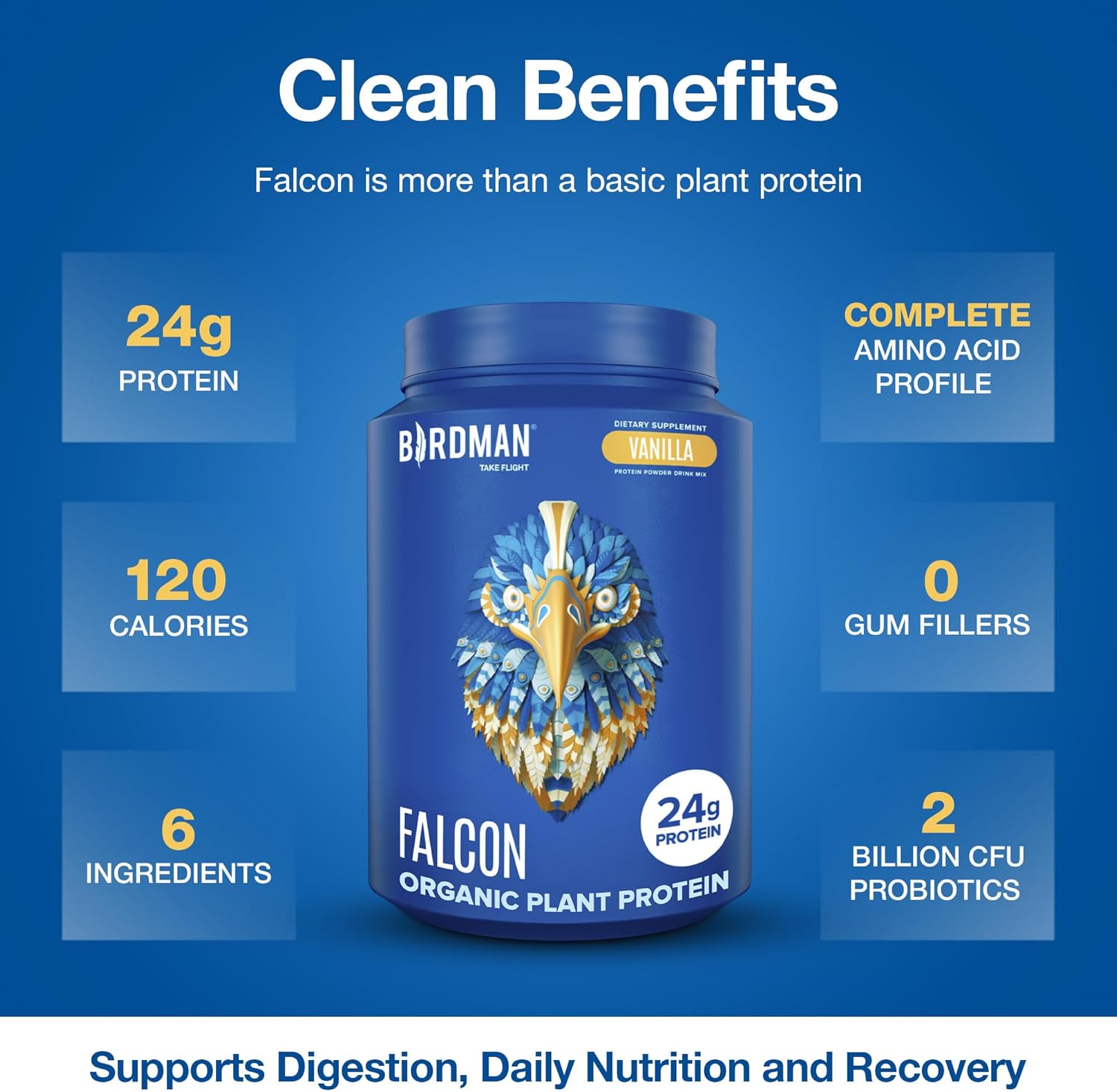 BIRDMAN Falcon Vegan Protein Powder Organic, Stevia & Sugar Free, Plant Based Protein, Low Carb, Dairy Free, Keto, Non Whey Protein, Probiotic, Pea Protein | Vanilla Flavor - 37 Servings - 2.64lb - Image 3