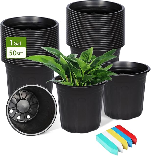 Paquet de 50 1 Pots de chambre de bébé de plantes de Gallon, pots de plantes en plastique avec trous de drainage et 100Pcs Etiquettes végétales, Souples graines de fleurs réutilisables durables Pots de départ pour les plantes, les coupes, la transplantation