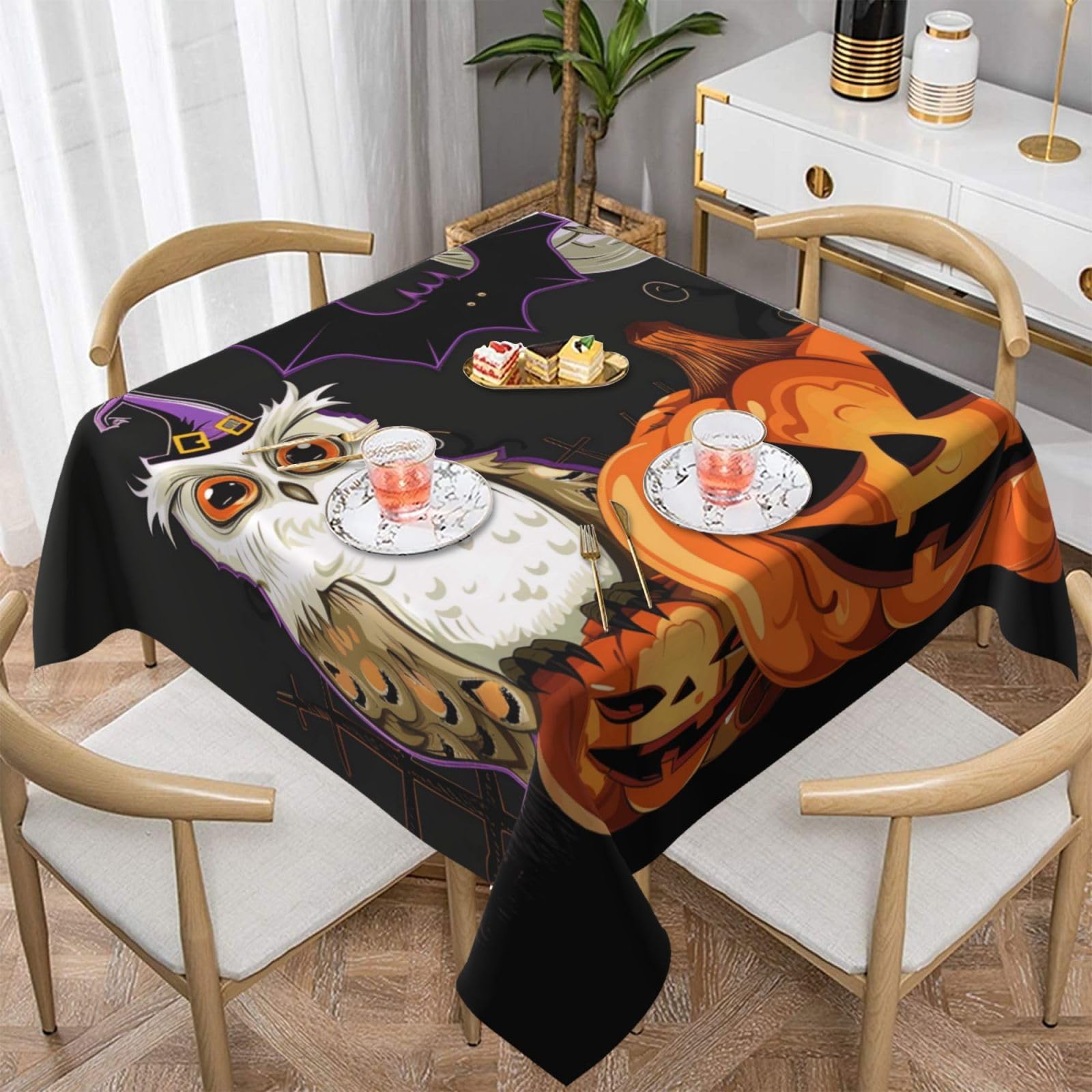 WPKJU Halloween Owl Ghost Pumpkin Printed Square Tablecloth 54x54 inch Water Resistant Table Cover Washable Rectangle Table Cloth for Dining Tables
