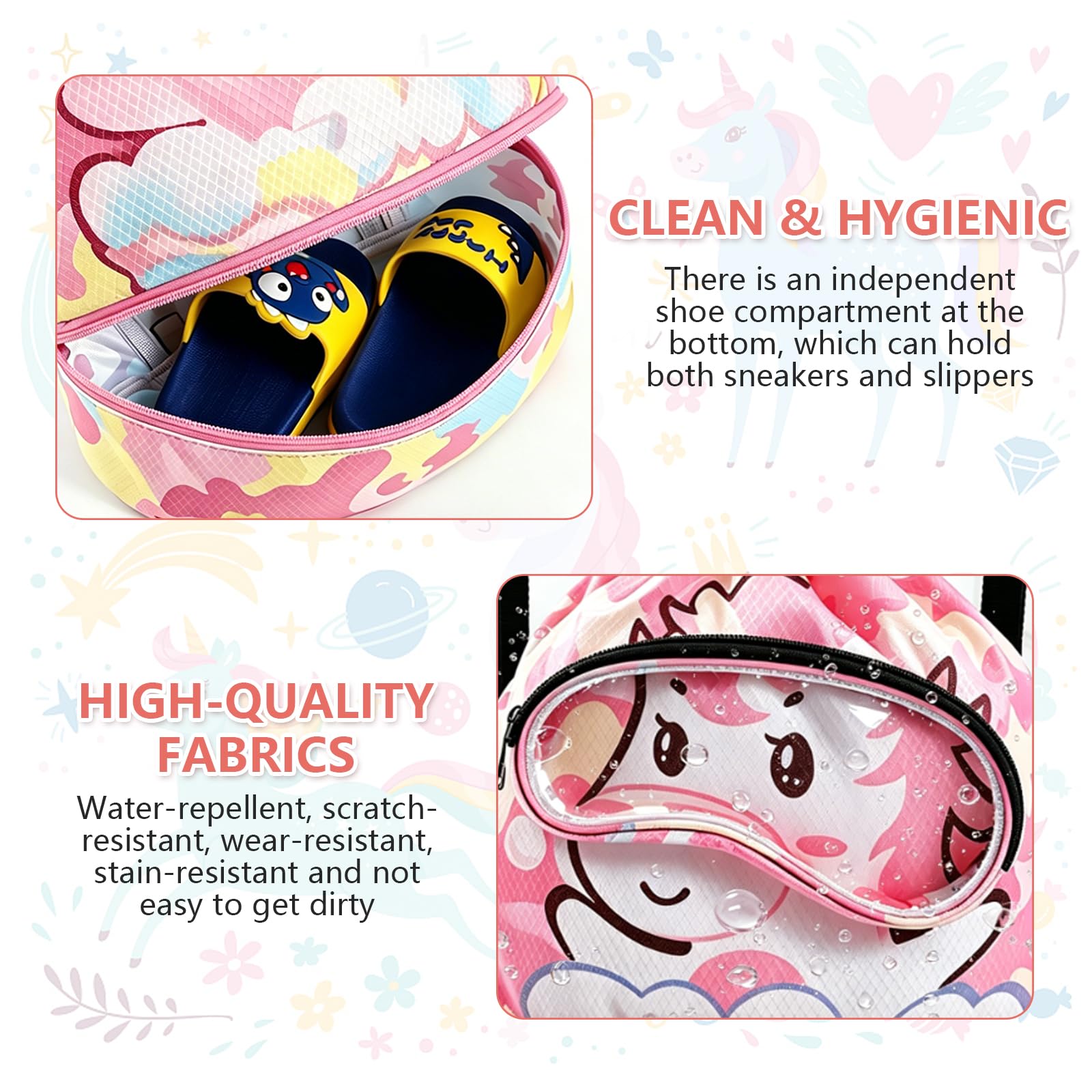 Zaino da Nuoto Bambini, Borsa Coulisse Bambini, Borsa Impermeabile Piscina Bambino con Portascarpe, Grande Capacità Sacca Sportiva Palestr con Cerniera per Nuoto, Palestra, Spiaggia, Unicorno