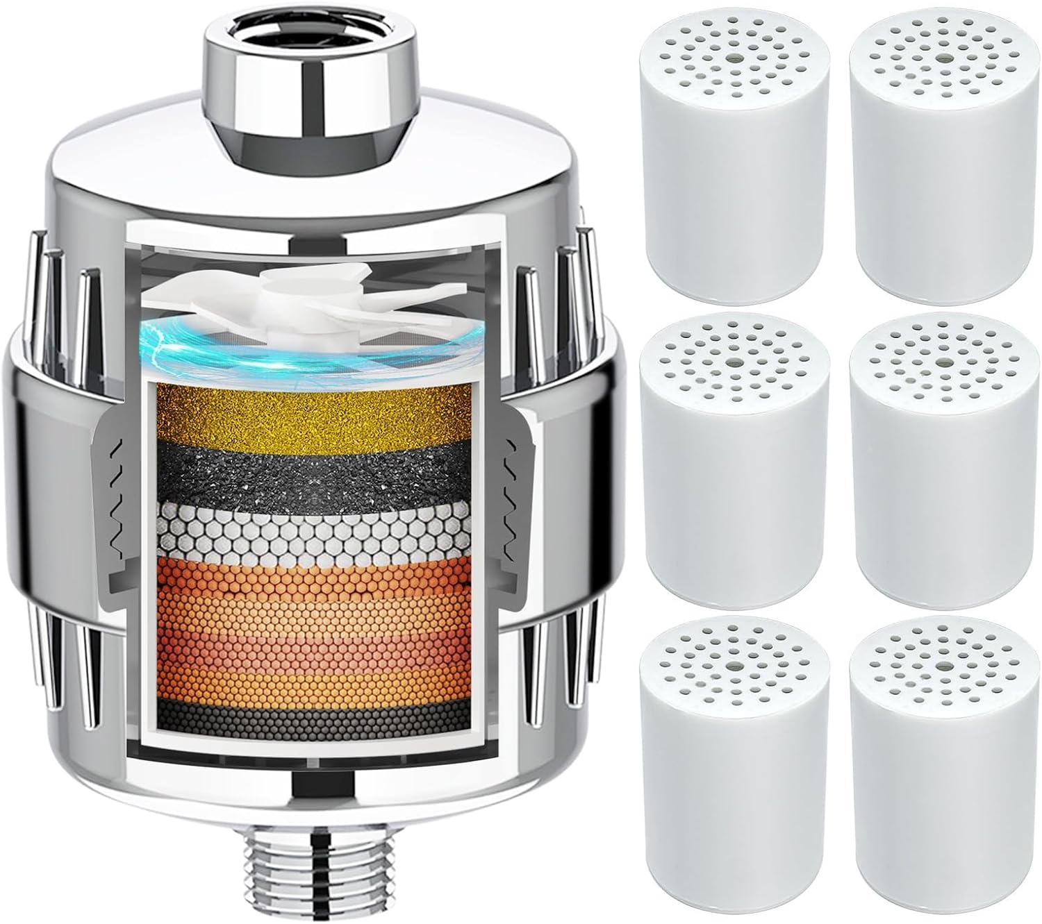 Yodel Shower Filter with 6 Cartridge Chrome - Hard Water Softener, 99% Removes Chlorine & Impurities, Improves Skin & Hair Condition, Universal Fit for Shower Heads