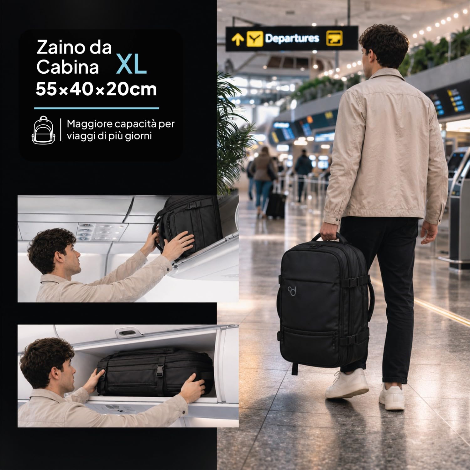 OcioDual Zaino da Viaggio Cabina Grande 55x40x20 cm, Bagaglio a Mano Espandibile fino a 55x40x25 cm, Zaino Valigia da Cabina per Uomo e Donna, Porta PC Laptop 17 Pollici