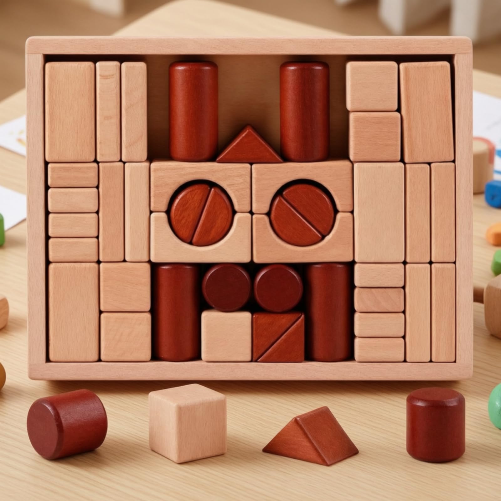 Blocchi da Costruzione in Legno Impilabile Costruzioni in Legno con Pezzi Geometrici Regalo Giocattolo Educativo per Bambini, Casa