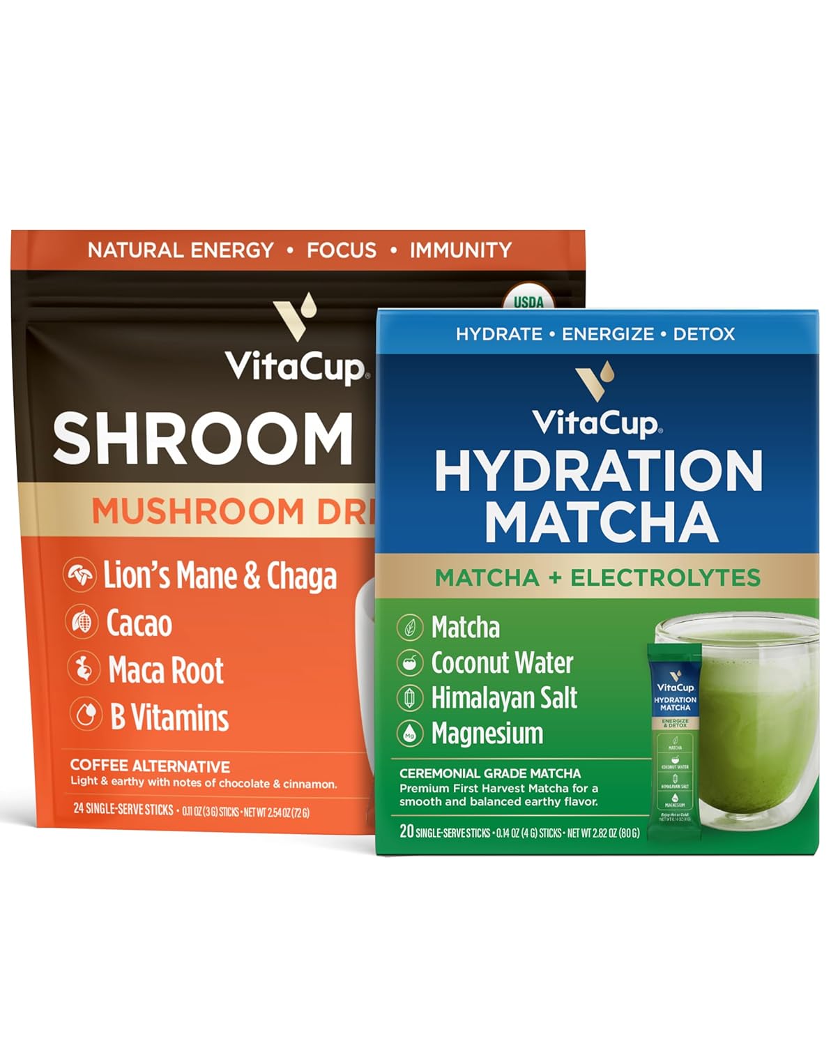 VitaCup Instant Hydration Matcha Packets 20ct & Shroom Fuel Coffee Alternative Packets 24ct