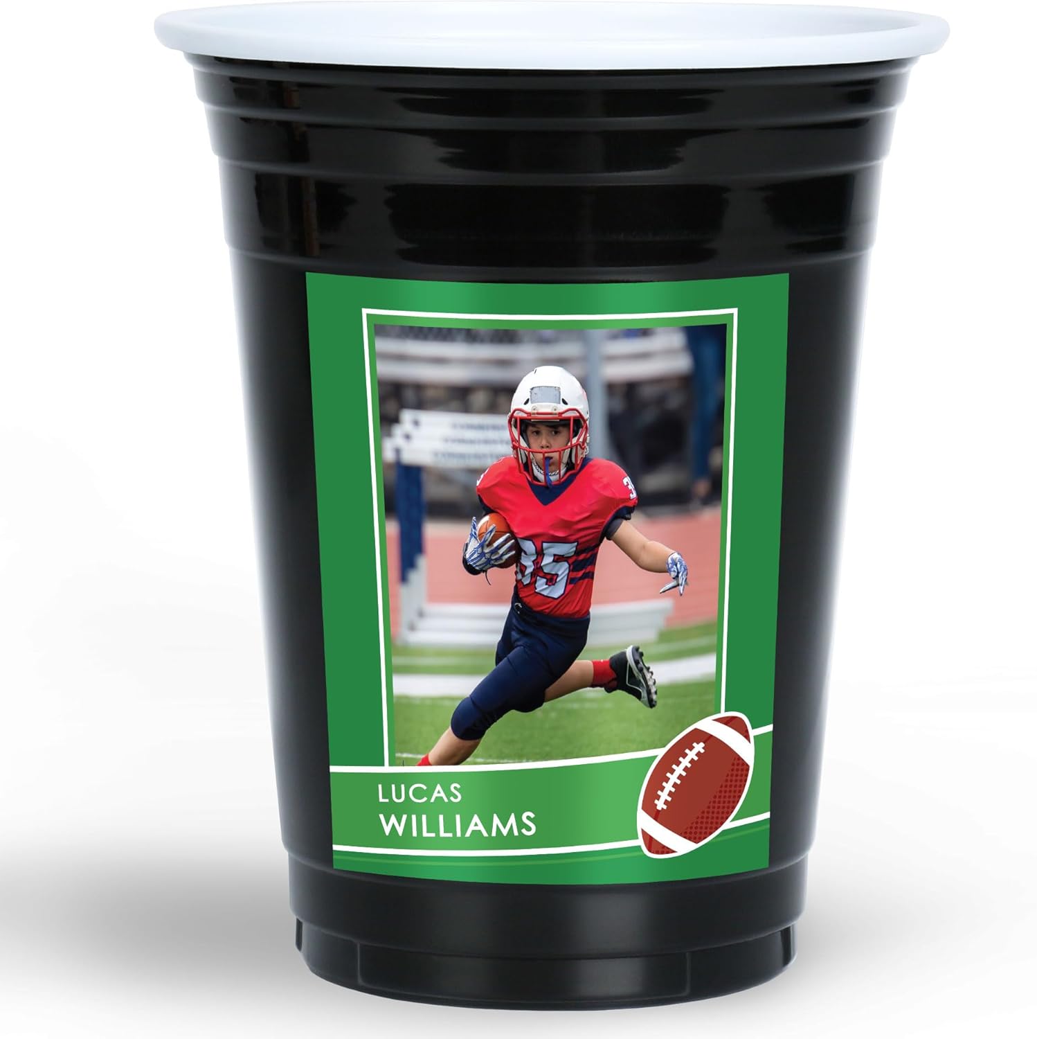 Big Dot of Happiness Custom Football Cups, 16oz Disposable Drinkware, Sports Birthday Party Table Decor, Custom Party Cups (Black) & Personalized Photo Stickers - 16 Pack