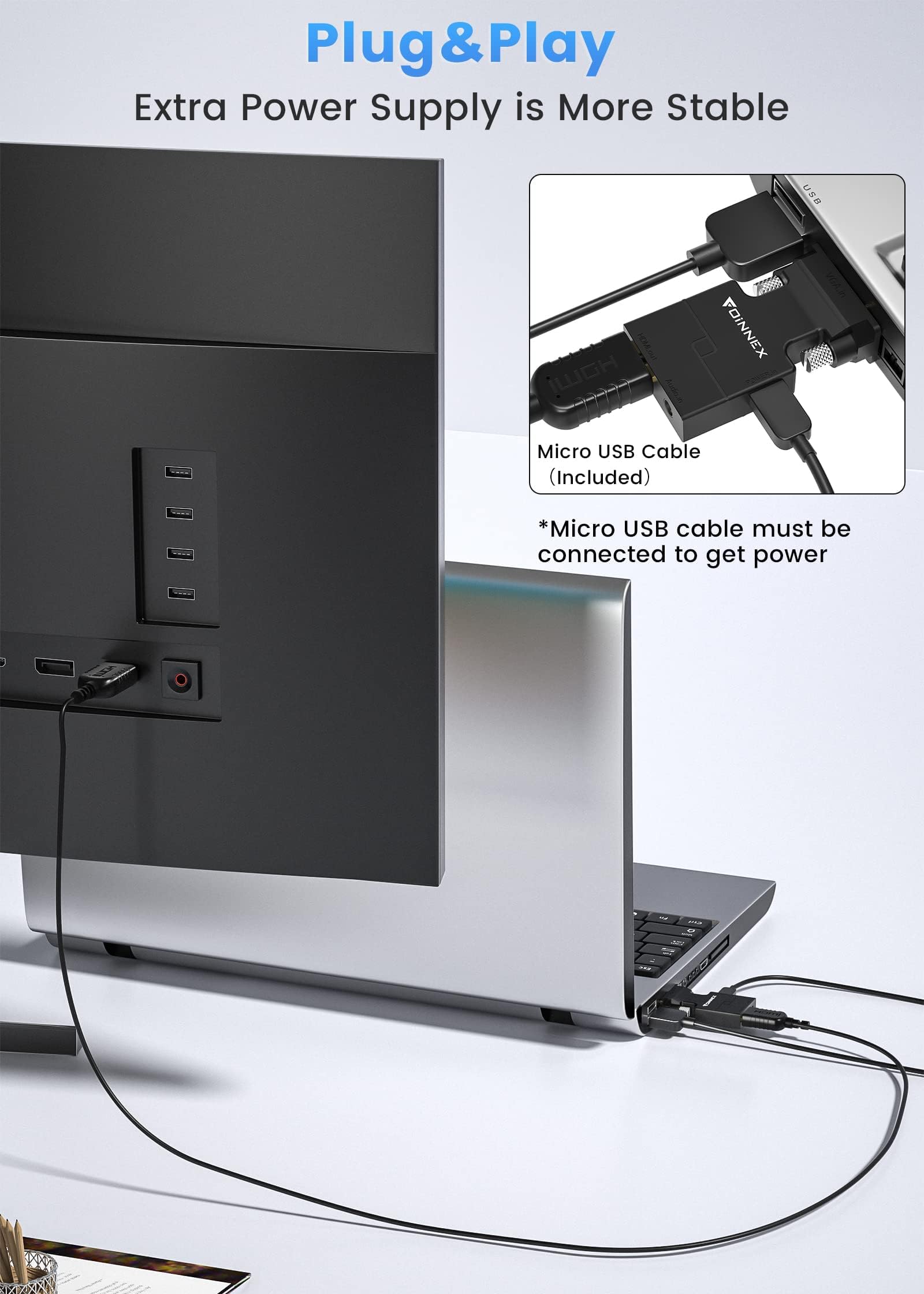 FOINNEX Adattatore da VGA a HDMI, Convertitore da VGA to HDMI con Audio Video, 1080P Converter Adapter VGA Maschio a HDMI Femmina Connettore per Collegamento di Laptop con Proiettore PC TV Box Monitor