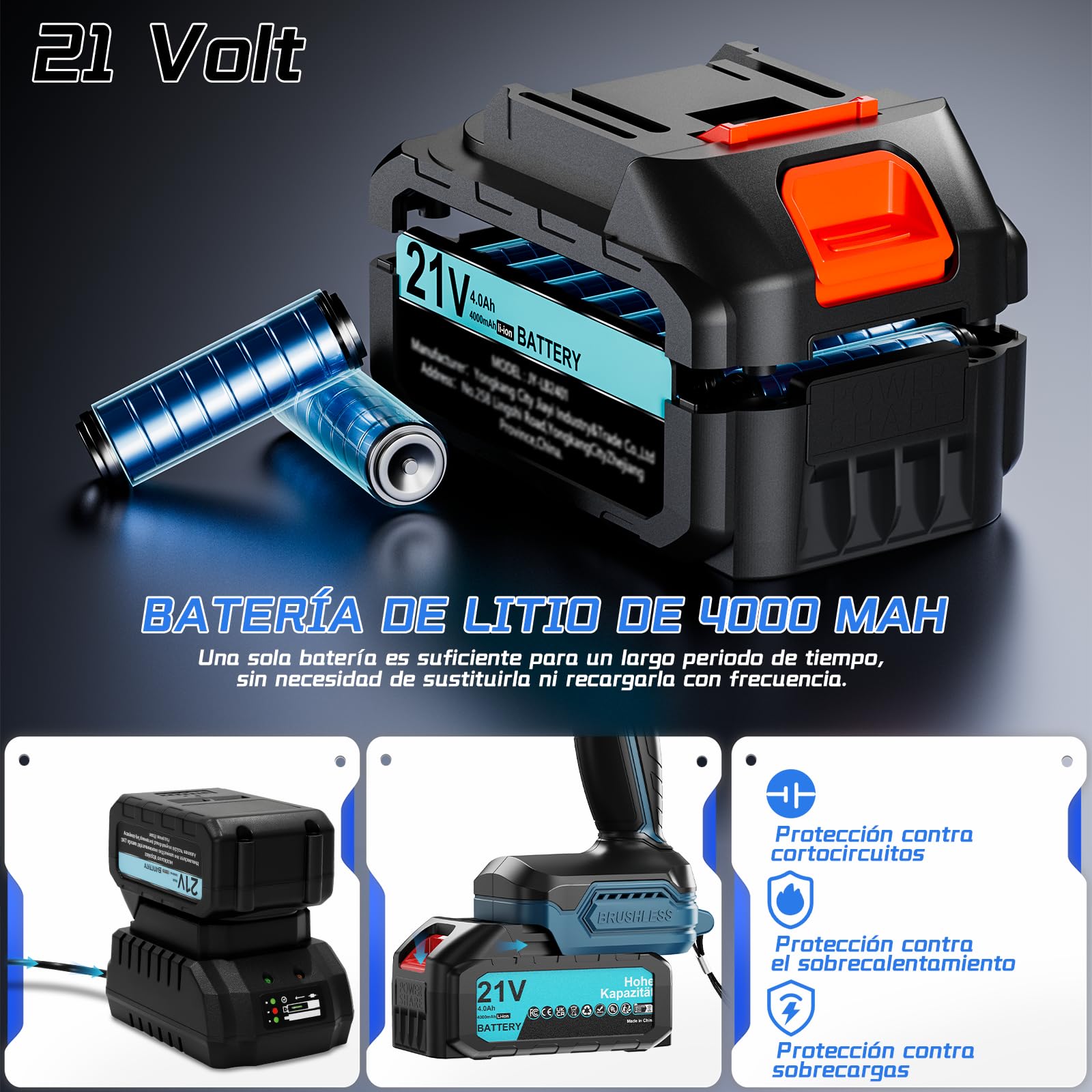 Taladro Percutor a Bateria 21V, Brushless Taladro atornillador batería con 4000mAh Baterías, 50 Nm, 20+3 posiciones de par (2 Velocidad y LED) Adecuado para bricolaje en casa y jardín
