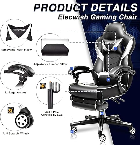 Miniatura 3 de ELECWISH Silla de juegos de computadora con reposapiés, silla ergonómica para adultos, silla de escritorio giratoria ajustable con respaldo alto con