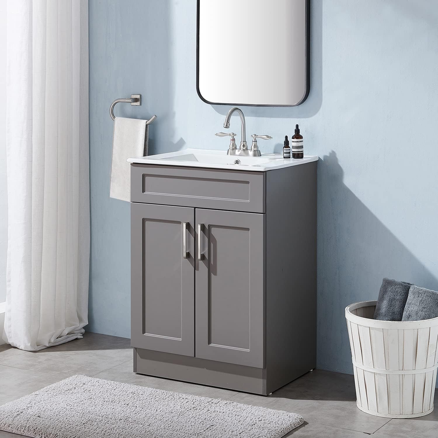 Popity 24 Inch Vanity with Sink Combo, Bathroom Vanity Cabinet with Three-Hole Ceramic Sink, Gray Storage Cabinet with White Basin Top Set