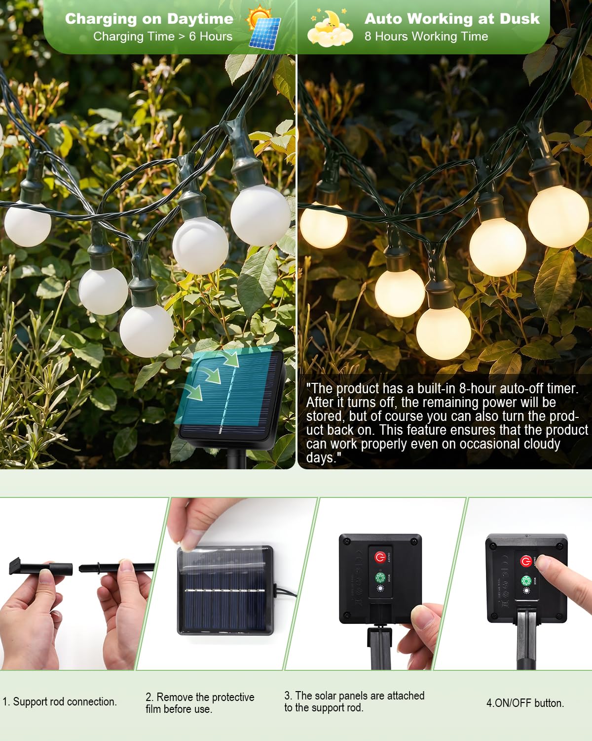 Cadena de luces solares para exteriores, 14 metros, 120 LED, bola blanca, 8 modos de iluminación, resistente al agua IP65, blanco cálido, ideal para jardín, balcón, terraza y árboles