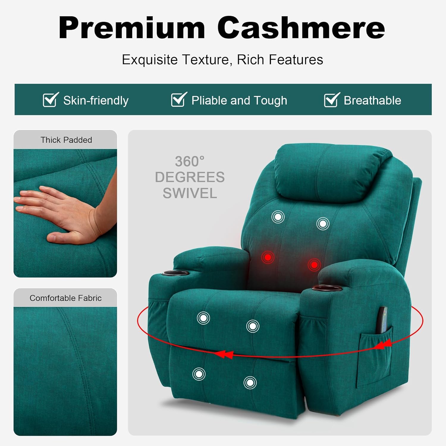 Recliner Chair with Vibration Massage and Heat Ergonomic Lounge Chair for Living Room with Side Pocket, 2 Cup Holders, USB Charge Port