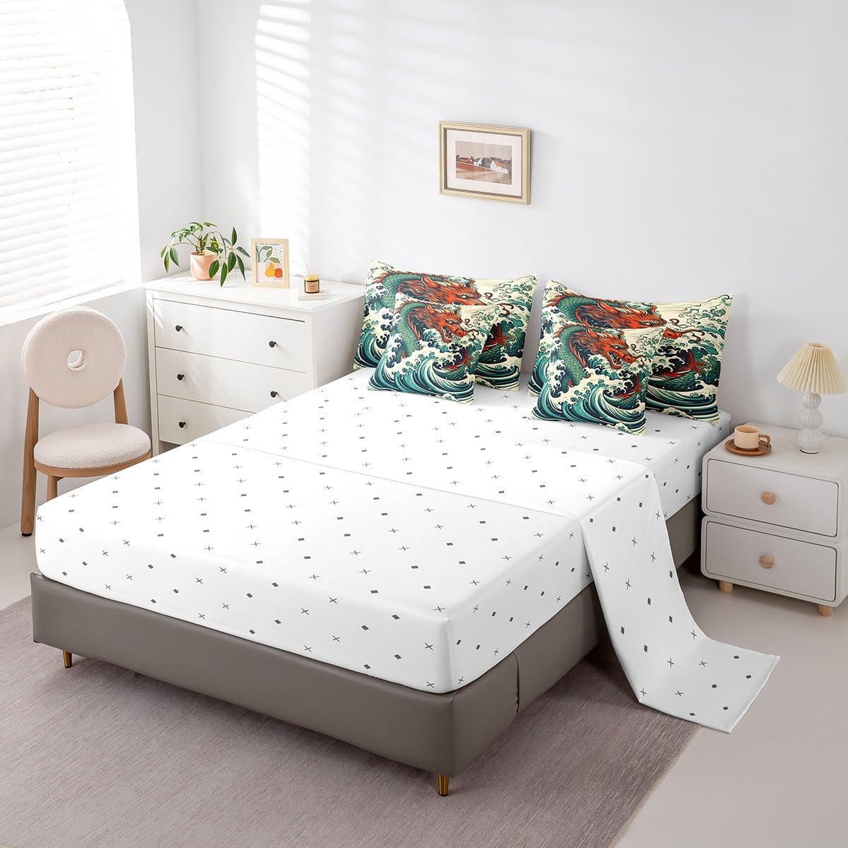 Feelyou Bedding Set - 7 Piece Chinese Dragon Comforter Set with Sheets for Kids (Red & Green Dragons)