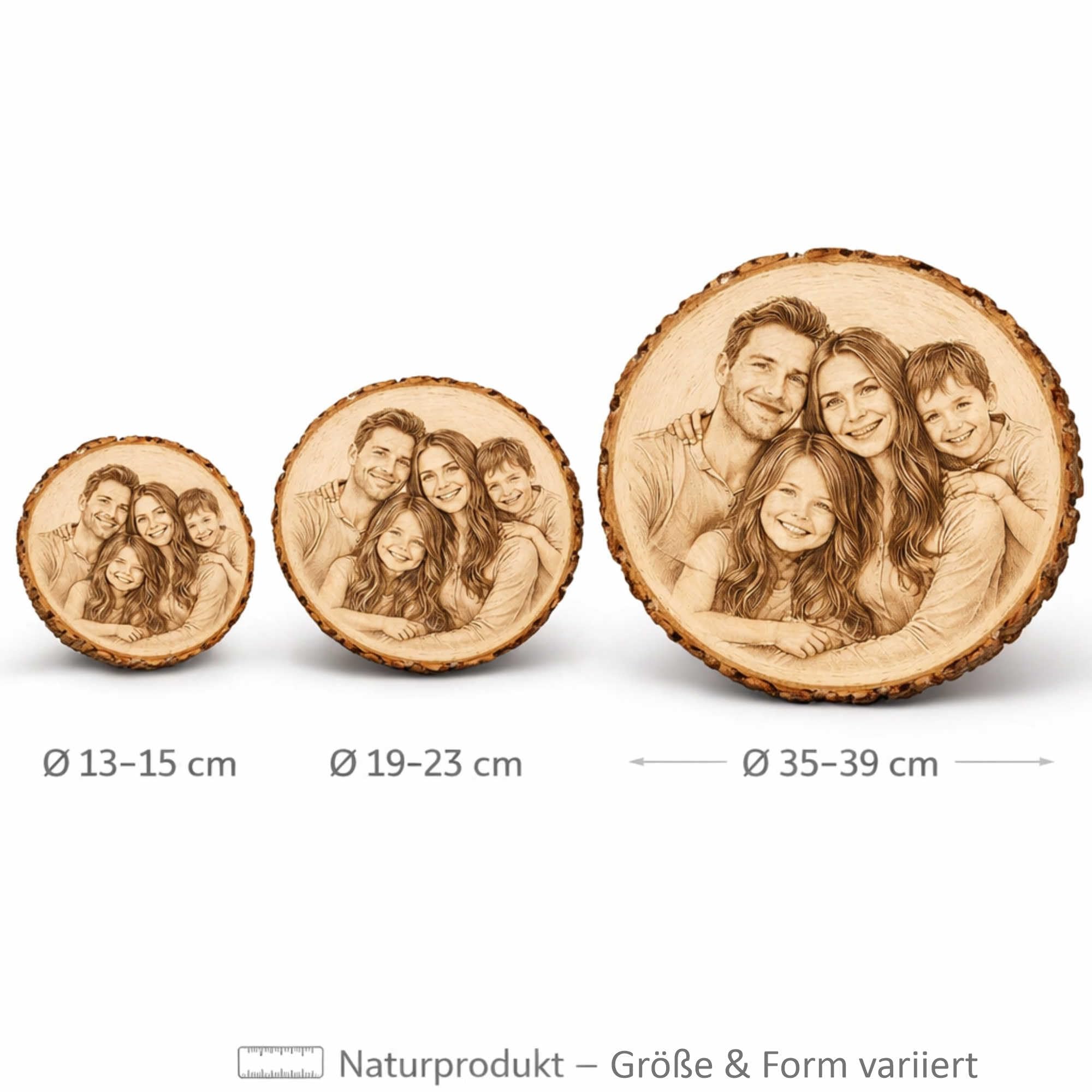 Personalisierte Holzscheibe mit Foto und Wunschtext 20-23 cm gravierte Baumscheibe aus Erlenholz mit Rinde Fotogravur auf Holz