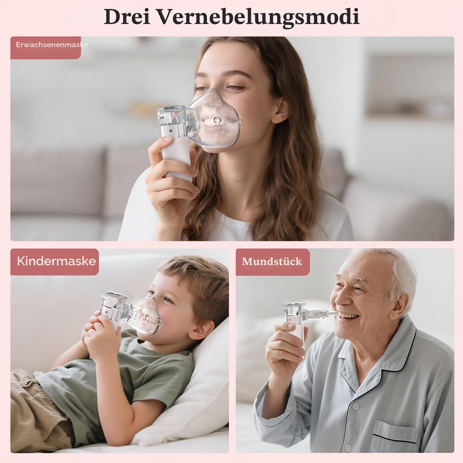 Inhalationsgerät Tragbar Set Ultra Leise Inhalator,Inhaliergeräte für Erwachsene & Kinder,Einstellbarer Vernebler Inhaliergerät für Zuhause und Reisen mit Selbstreinigungsfunktion-Pink
