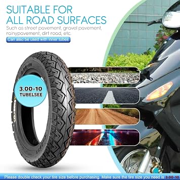 3.00-10 Tubeless Scooter Tire 47J | Front/Rear 10 Rim with Lightning Crack Tread and Curved Valve Stem for E Scooter