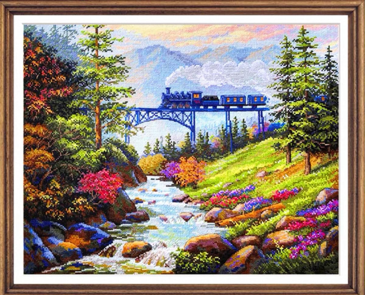 NAHUIGOOD Cross Stitch Kit,DIY Handmade Embroidery Kit with Accurate Print, 11Ct Needlework Set - Spring Train11Ct50X70Cm