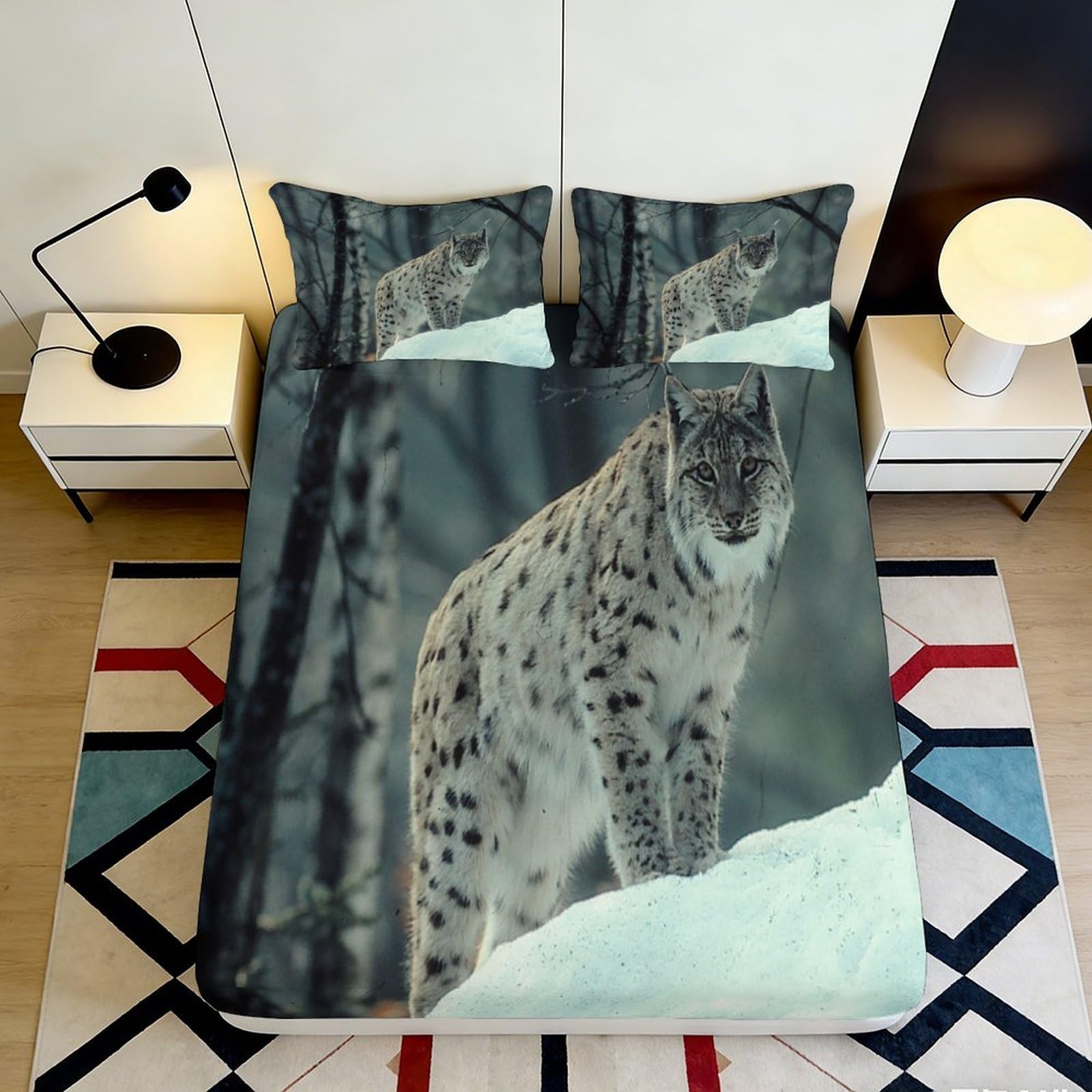 3D Printed Snowy Lynx Fitted Sheet Microfiber Soft Anti-Slip Forest Animal Mattress Cover for Bedroom Guest Room 180x200x25cm