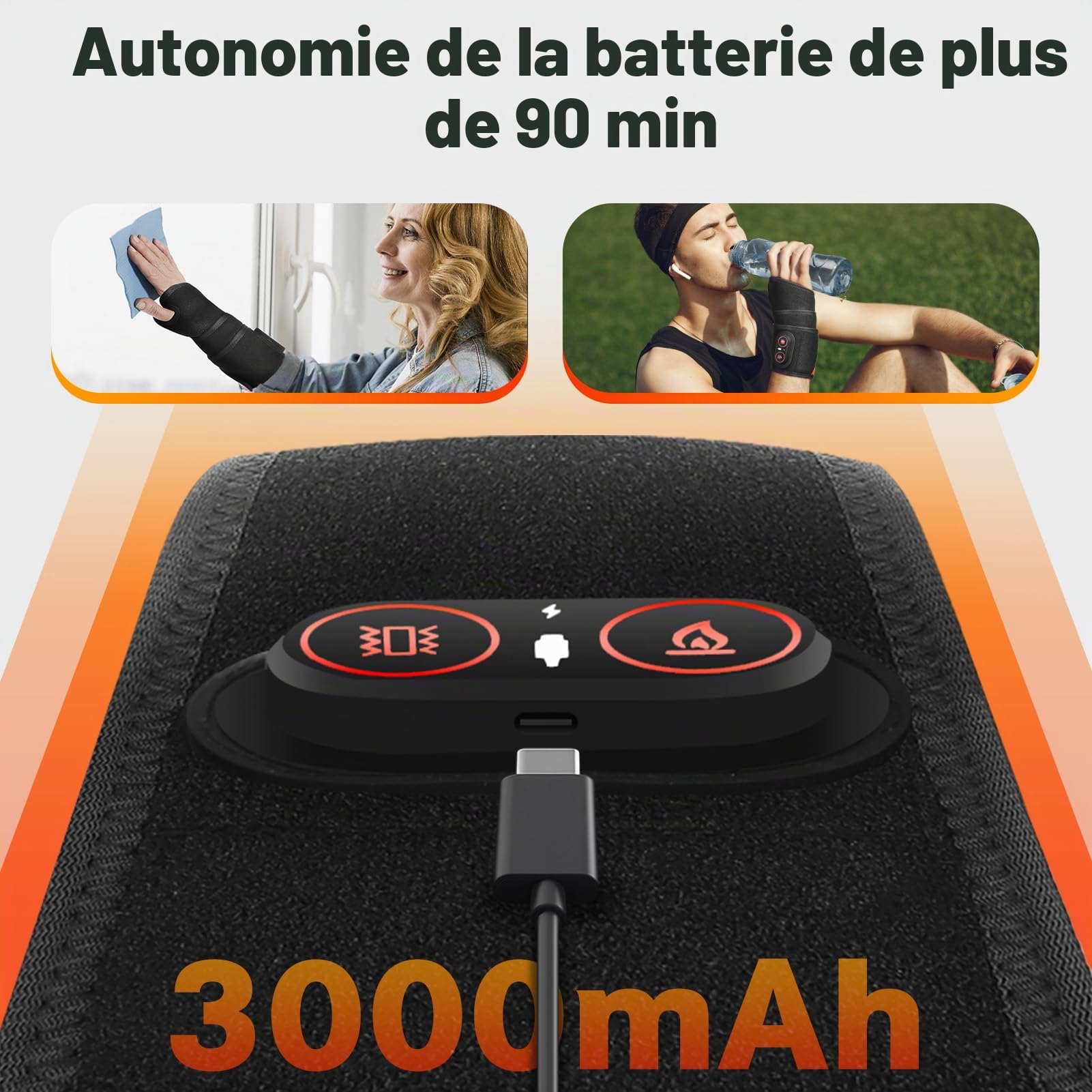 Coussin chauffant du poignet sans fil avec vibrations, 3 modes de chaleur et vibration, massage bras chauffé avec lumière rouge, coussin chauffant pour poignet, main, genou, coudes, chevilles