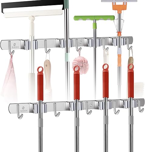 Paquete de 2 soportes para fregona y escoba, organizador de escobas y trapeador para colgar en la pared, colgador de escoba de acero inoxidable,
