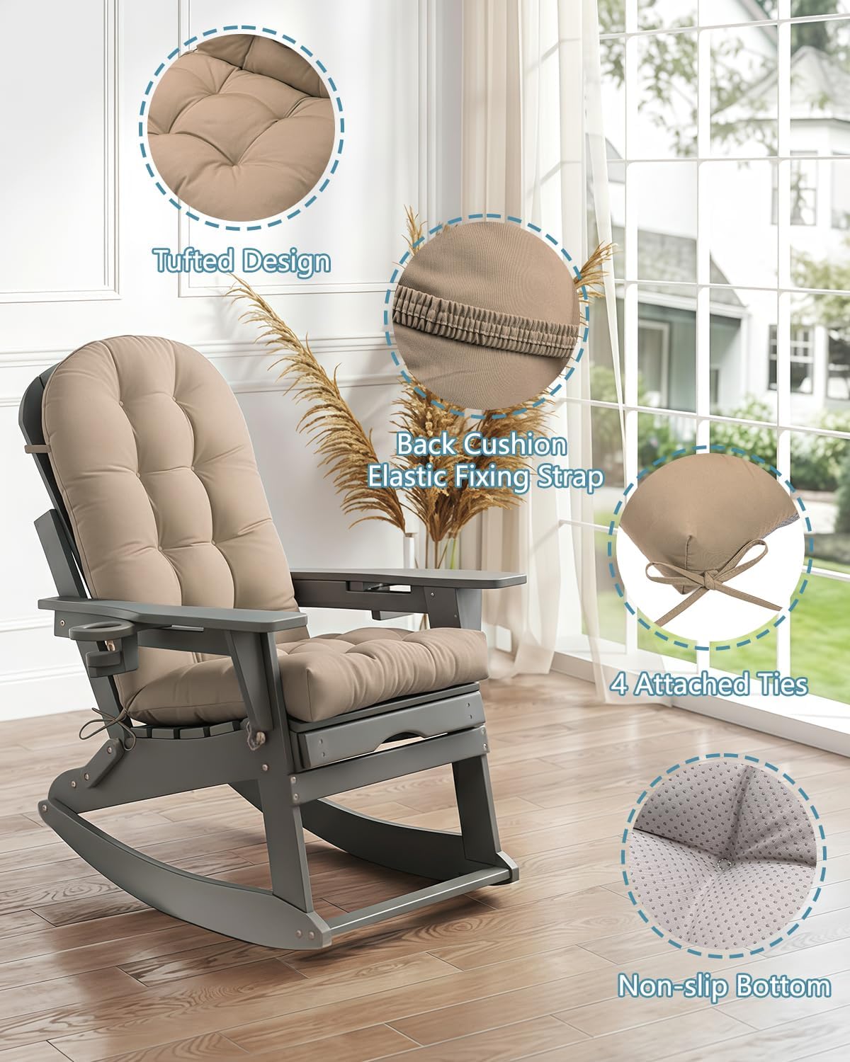NAVINE Adirondack Chair Cushion Set of 4, Thickened Patio Chair Cushions with Ties, Waterproof and UV-Protected Rocking Chair Cushion for Indoor and Outdoor, Khaki.