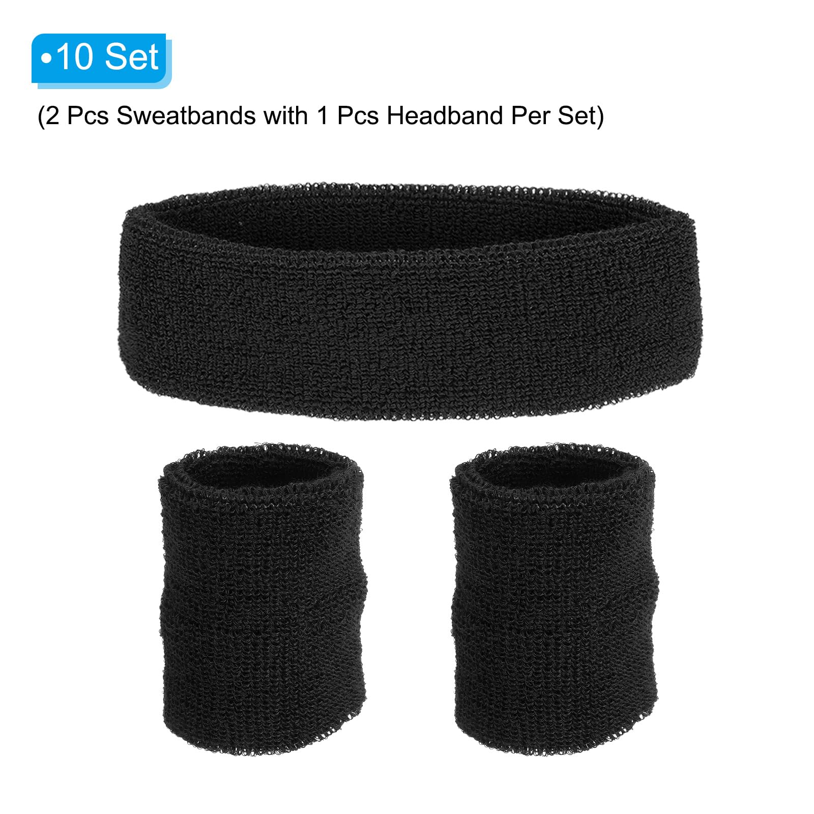 PATIKIL Sweatbands Headband Wristband, 10 Set/30Pcs Sweatband Terry Cloth for Sports Basketball Tennis Athletic Gym Working Out, Black - Image 3