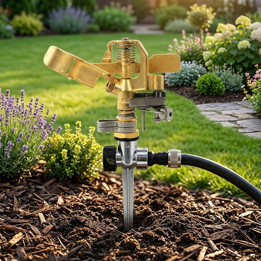 Suinga Pack 5 Aspersor de Riego Agrícola de Latón Ajustable 1/2" con Soporte Metálico | Alcance de 10 a 15 Metros | Ángulo Regulable 0-360° | Caudal 9-20 L/min | Aspersor para Jardín, Huerto