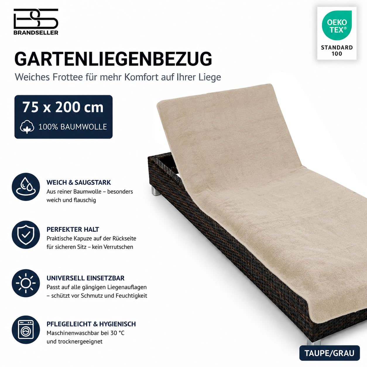 Brandsseller Gartenliegenbezug 75x200 cm – Frottee Schonbezug Handtuch-Auflage aus 100% Baumwolle – waschbar, rutschfest, Öko-Tex Standard 100 – Taupe/Grau