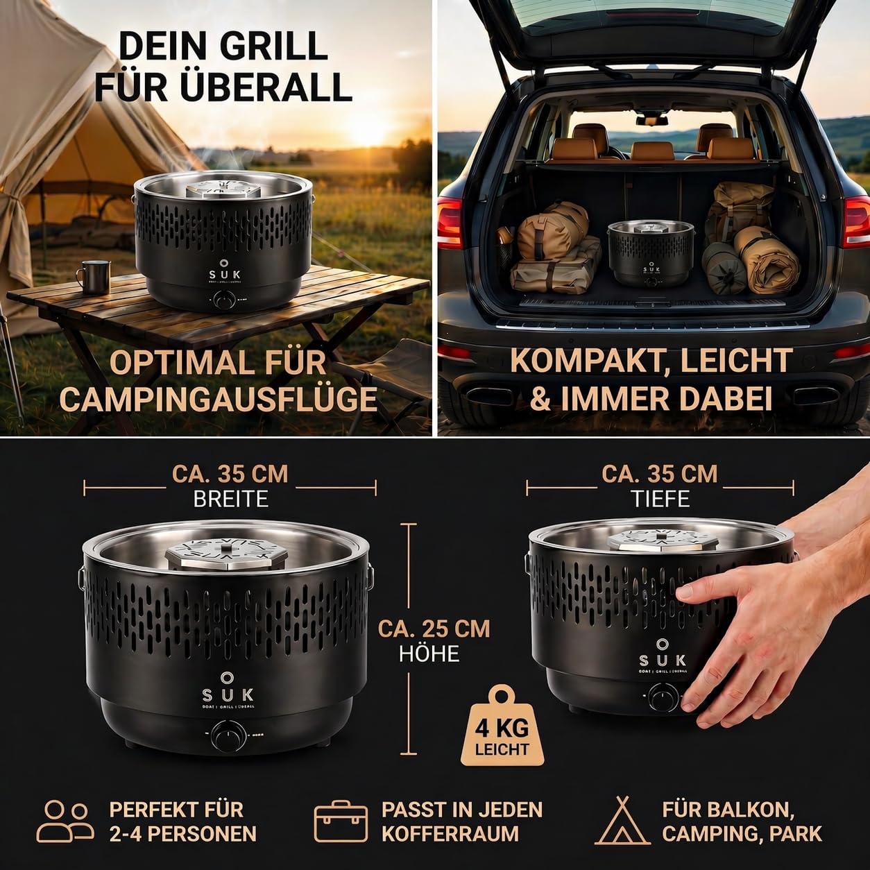Tischgrill mit Aktivbelüftung und Edelstahlschale, Holzkohlegrill Grill mit Lüfter, Campinggrill BBQ Outdoor (Schwarz)