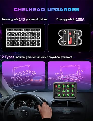 Miniatura 8 de Chelhead Panel de interruptores para camión de 12 bandas RGB LED con protección en línea multifunción de 100 A, panel de interruptor auxiliar