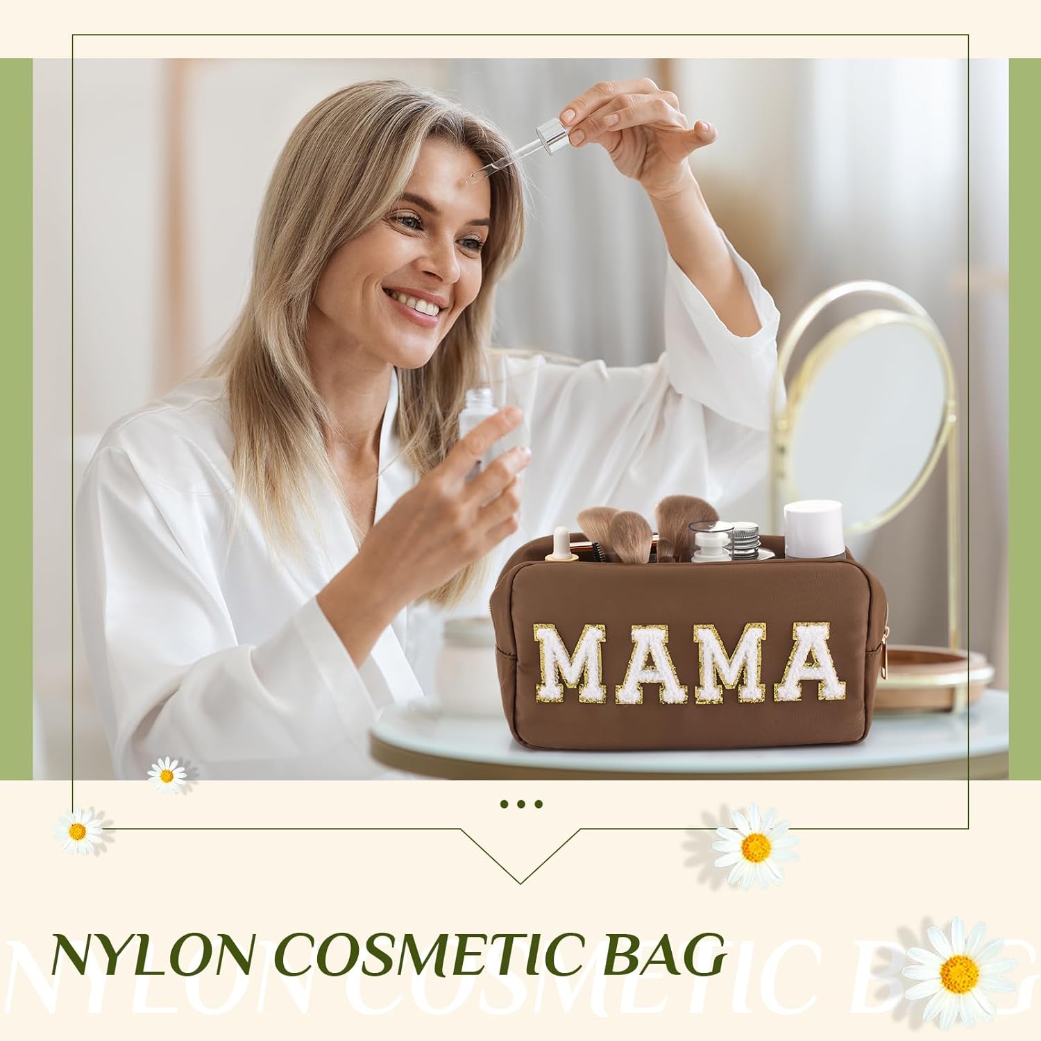 Sanwuta 2 Pieces Mama Gifts Makeup Bag Mom Pouch Birthday Gifts Nylon Cosmetic Bag Mothers Day Appreciation Toiletry Preppy Patch Chenille Letter for Women Her New Mom(Camel, White,Baby and Mama) - Image 5