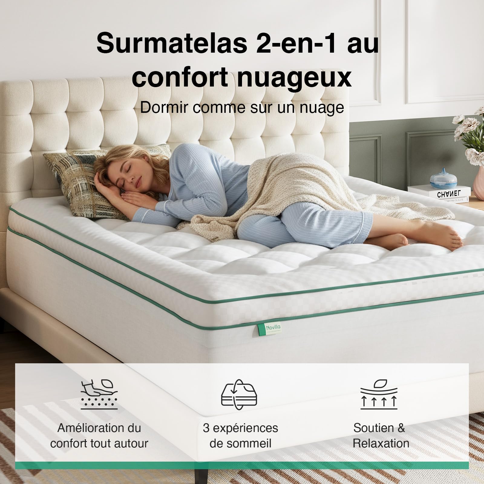 Novilla Surmatelas Mémoire de Forme 120x190 cm (Lit 1 Place et Demi), Topper Gel 2 en 1 avec Housse Matelassée Épaisse, Design Séparable, Moelleux + Soutien