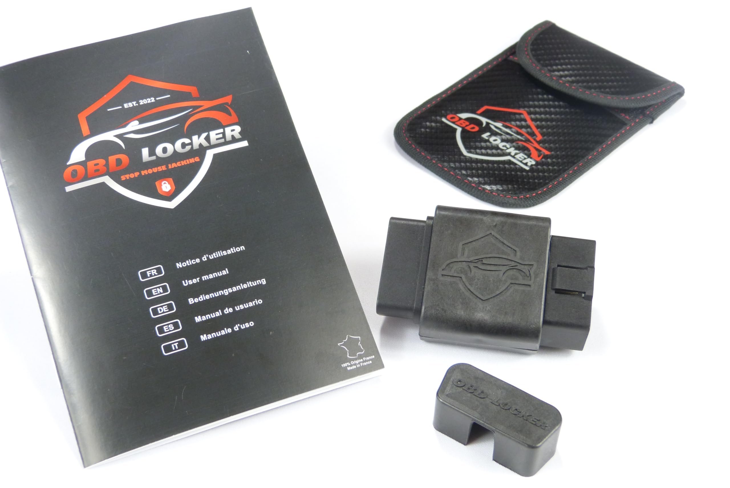 Antivol Prise OBD2 Codage Unique | Protection Contre vol électronique Voiture | Étui + Pochette RFID + Autocollants Inclus
