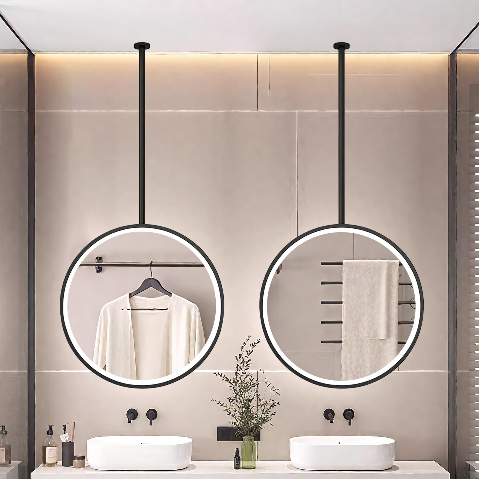 FGXHHS Ceiling Mounted Round Mirror with LED Lights, Large Circle Wall Metal Frame and Boom (Boom Can be Customized), Bathroom Decorative Mirror(Diameter-50CM/19.7INCH)