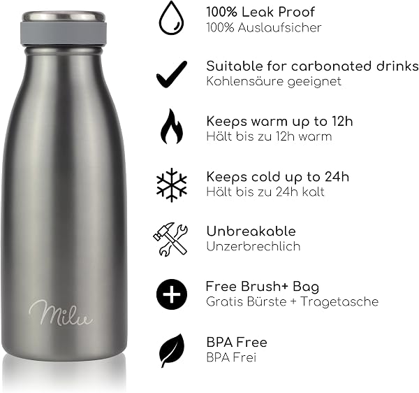 Milu Stainless Steel Drinking Bottle 350 ml - Insulated Thermo Flask for Water - Leak Proof, Insulated and Double Walled, Carbonated (Grey, 350 ml) - 2