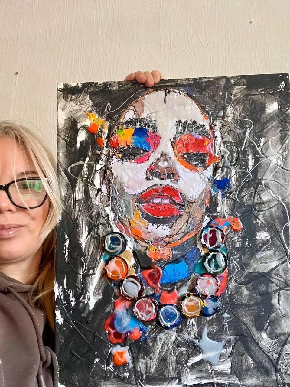 Abstract Female Portrait with Collage and Epoxy Resin Elements. Bright Contemporary Wall Art by Ukrainian Artist.