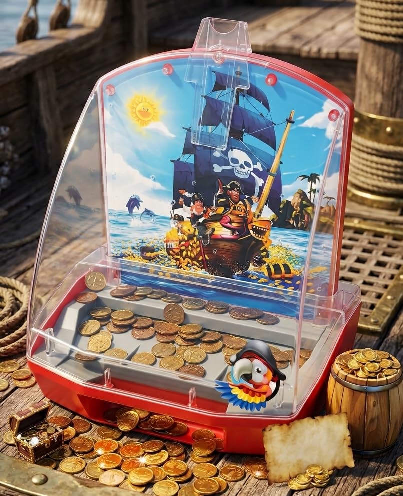 New Tabletop Arcade Coin Pusher Machine with Motorized Sliding Platform, Guided Coin Launcher, Battery Operated Desktop Novelty with Plastic Coins and Pirate Ship Theme