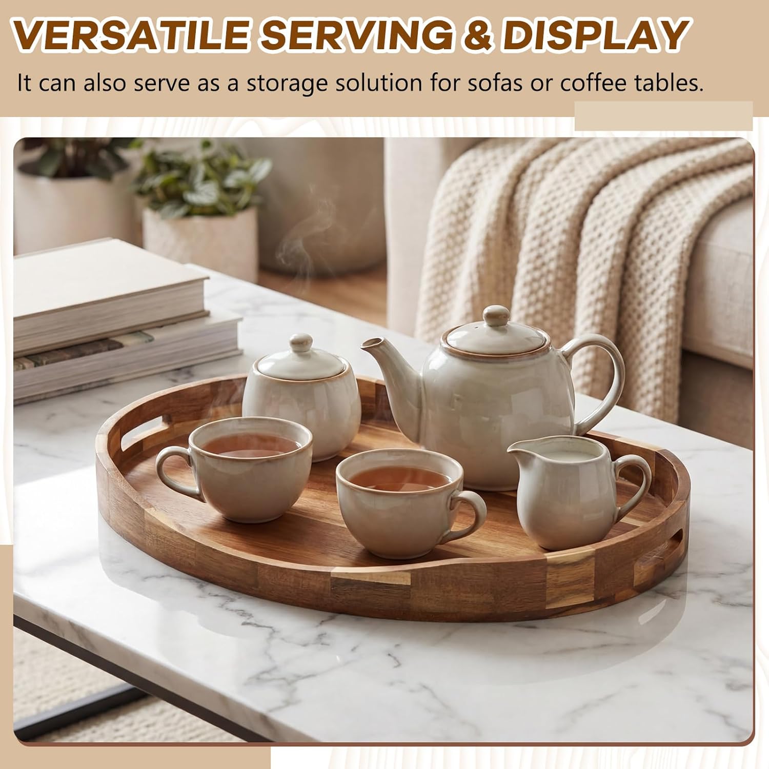 22" x 17" Extra Large Ottoman Tray with Handles, Oval Acacia Wood Serving Tray for Coffee Table, Decorative Platter for Living Room Kitchen Breakfast in Bed Counter Bathroom Candle Display