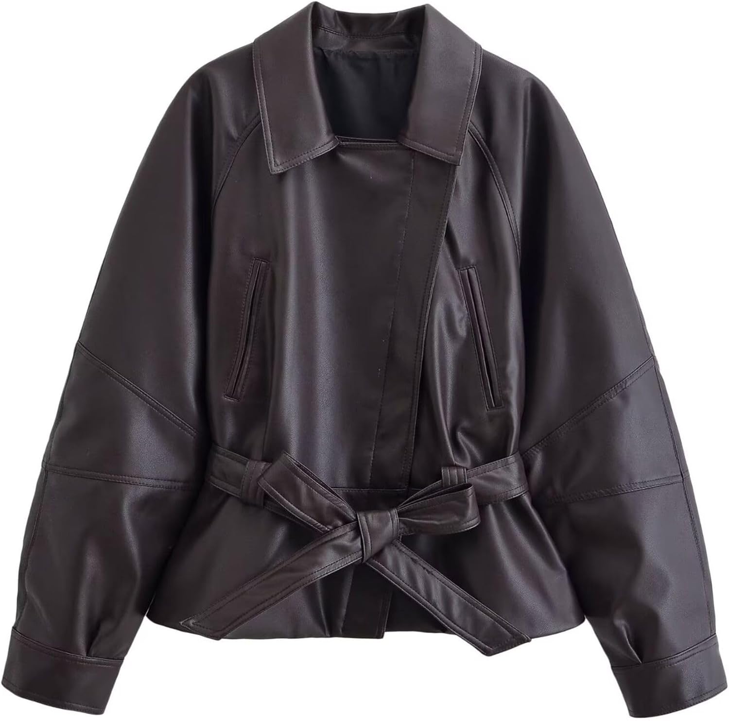 FindThy Women’s Faux Leather Jacket Casual Lapel Collar Long Sleeve Zip Up Belted Waist Spring Fall Outerwear Coat