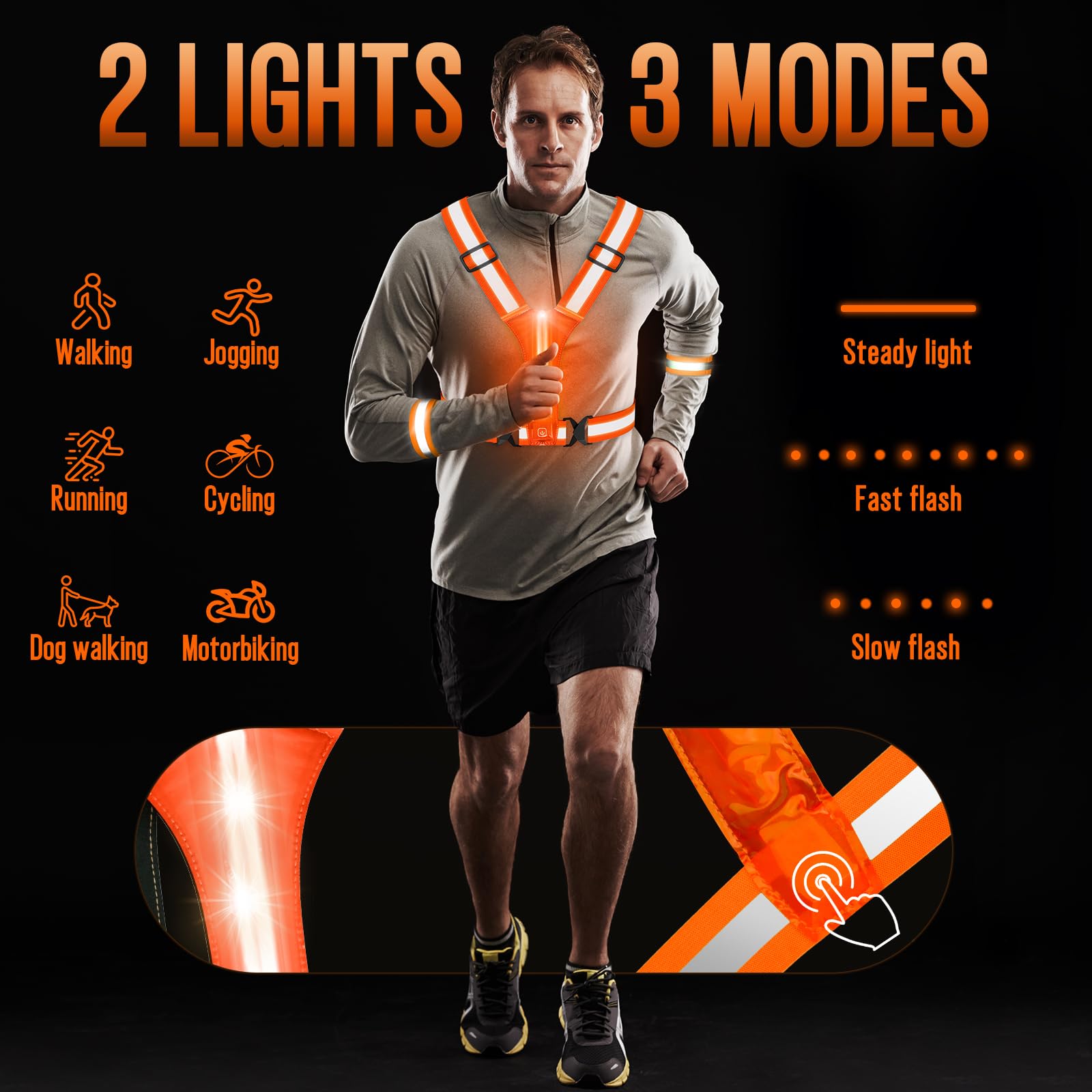 Gilet Réfléchissant Running LED Ultra Visible - Rechargeable USB, 3 Modes Lumineux + 2 Brassards Réfléchissants, Ajustable Pour Jogging, Vélo, Randonnée Nocturne