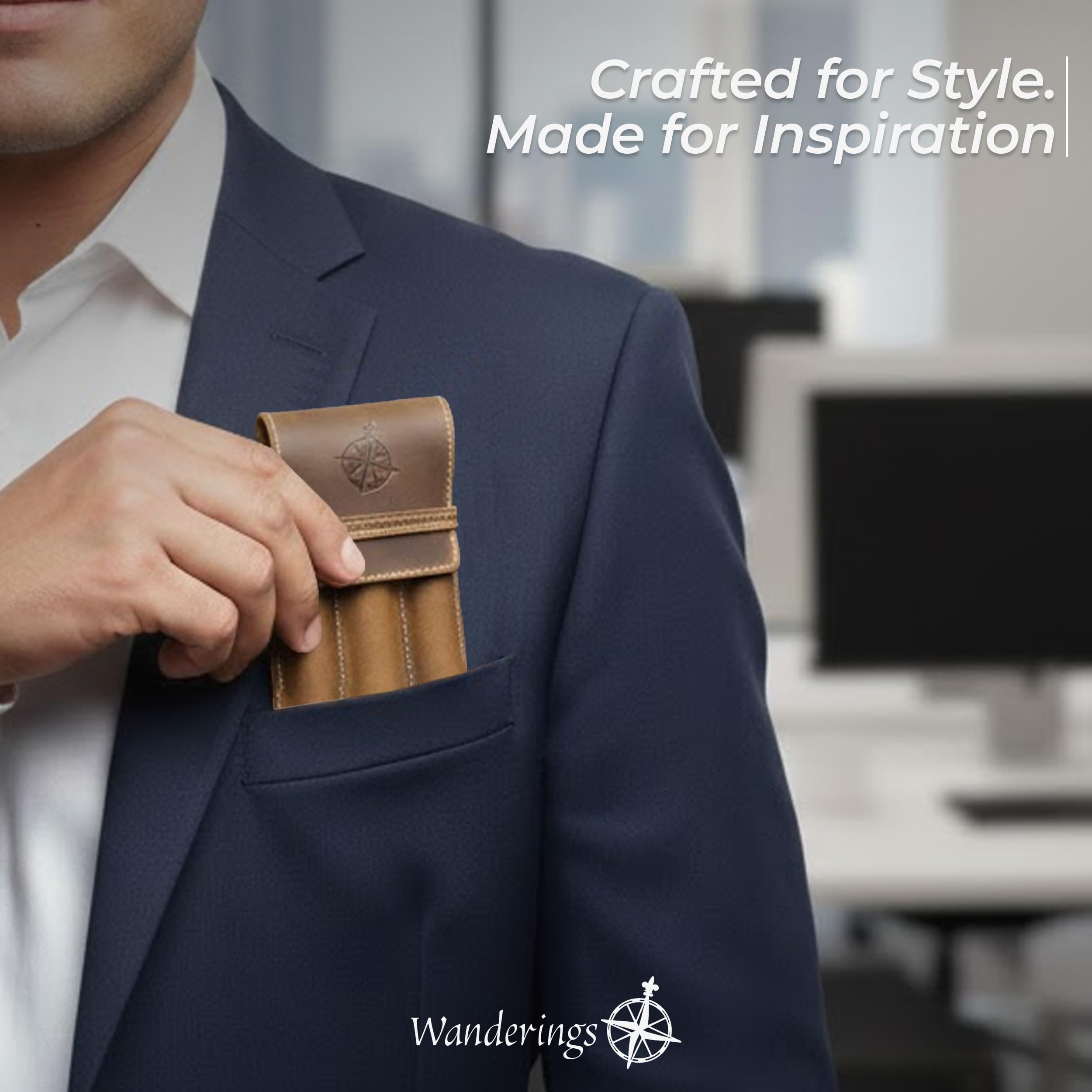 WANDERINGS Vintage Leather 3-Slot Pen Pouch Handcrafted Brown Pen Case Individual Leather Pen Sleeves for Fountain Pens, Rollers & Ballpoints Pen Holder for Men and Women 3.4"6"0.8 - Image 4
