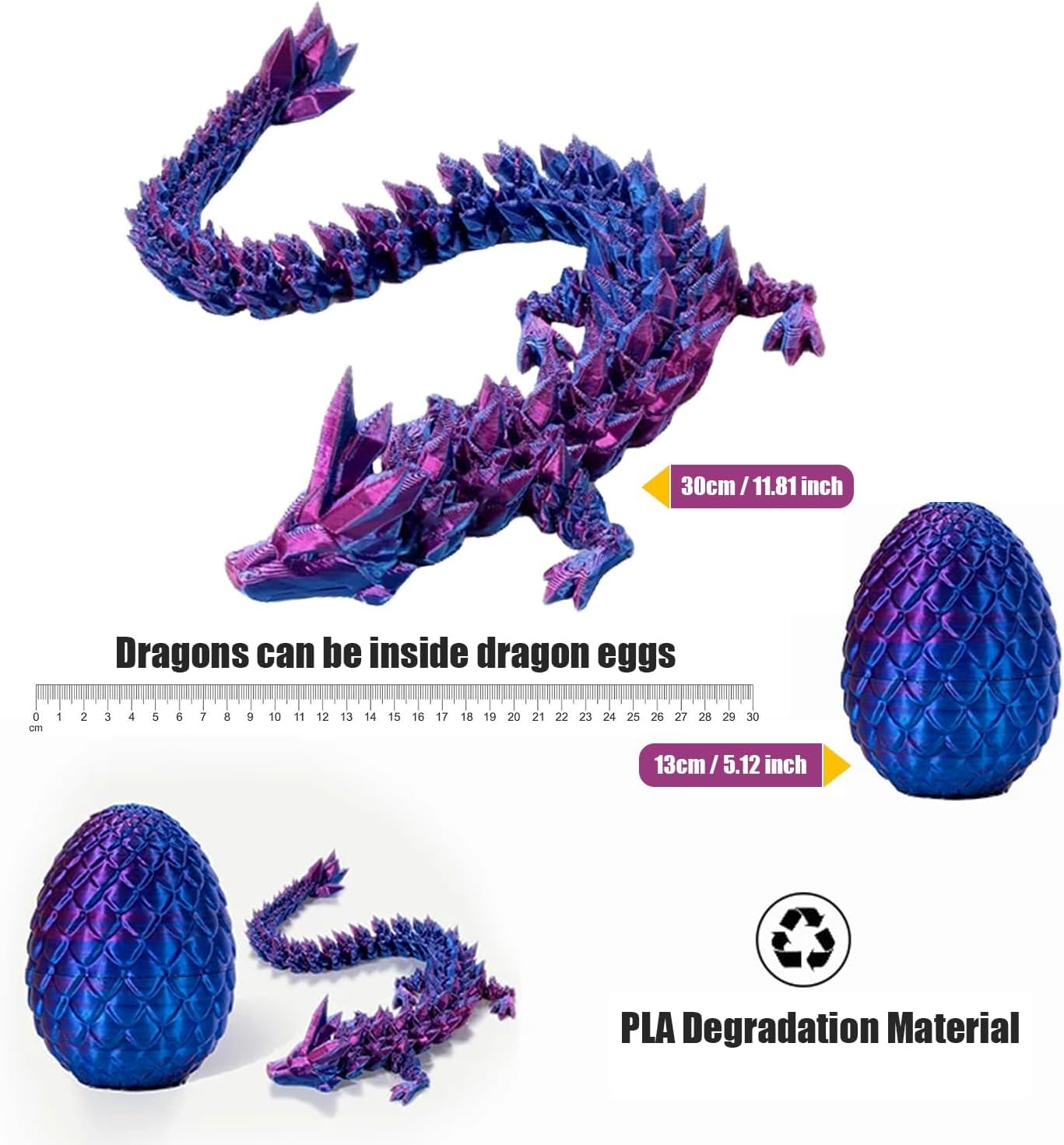 3D Printed Dragon Eggs with 11.8 In Dragon Inside Fidget Toys for Adults, 3D Printed Articulated,Home Office Decor Executive Desk Toys Decorative Easter Egg Fillers Easter Gifts (Laser Purple)