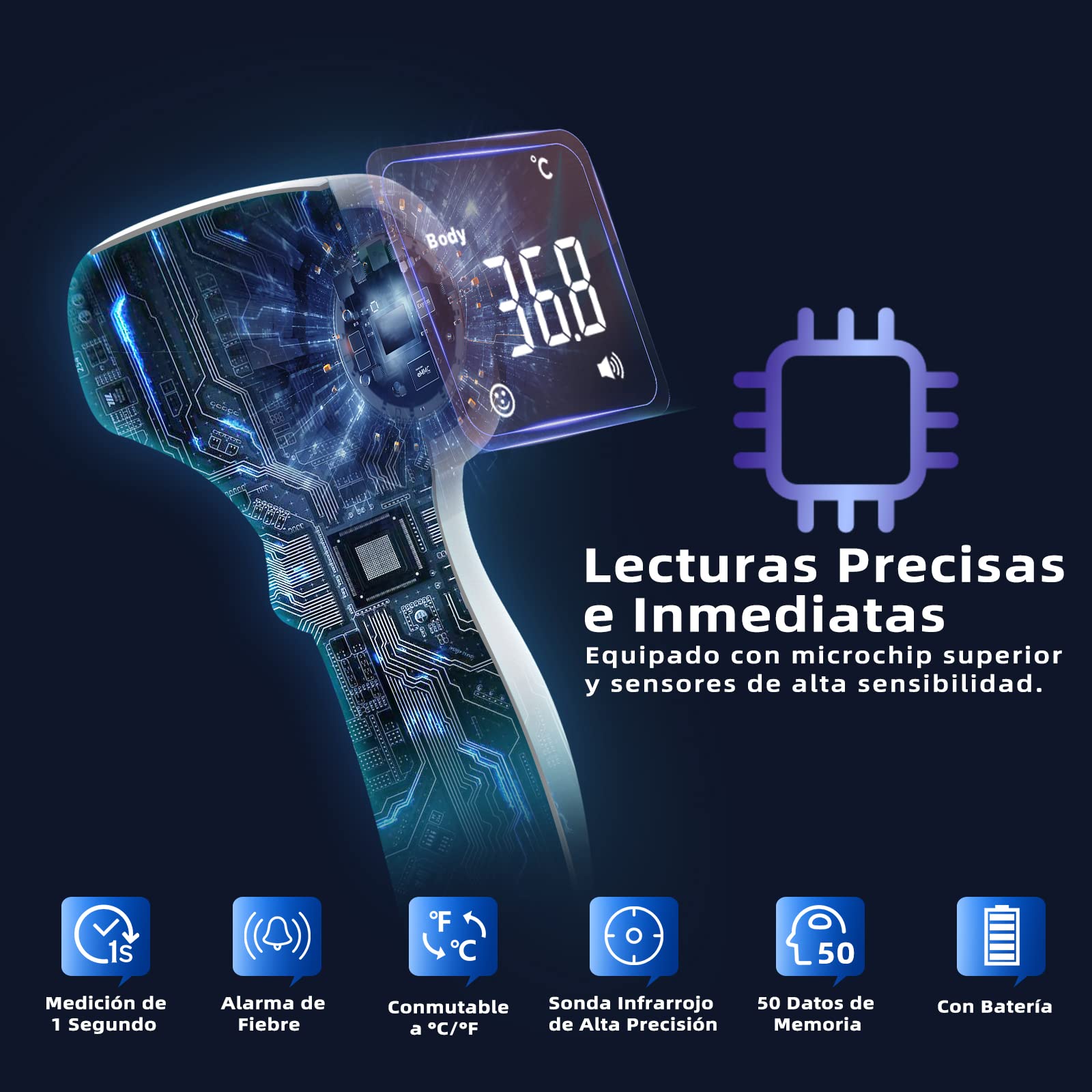 Termometro Digital Frente Adultos, Termometro Bebe Infrarrojos Sin Contacto, Termómetro Digital Con Alarma de Fiebre, 50 Lecturas Memoria, Modo Mudo, ℃ y ℉ Conmutable, Morado