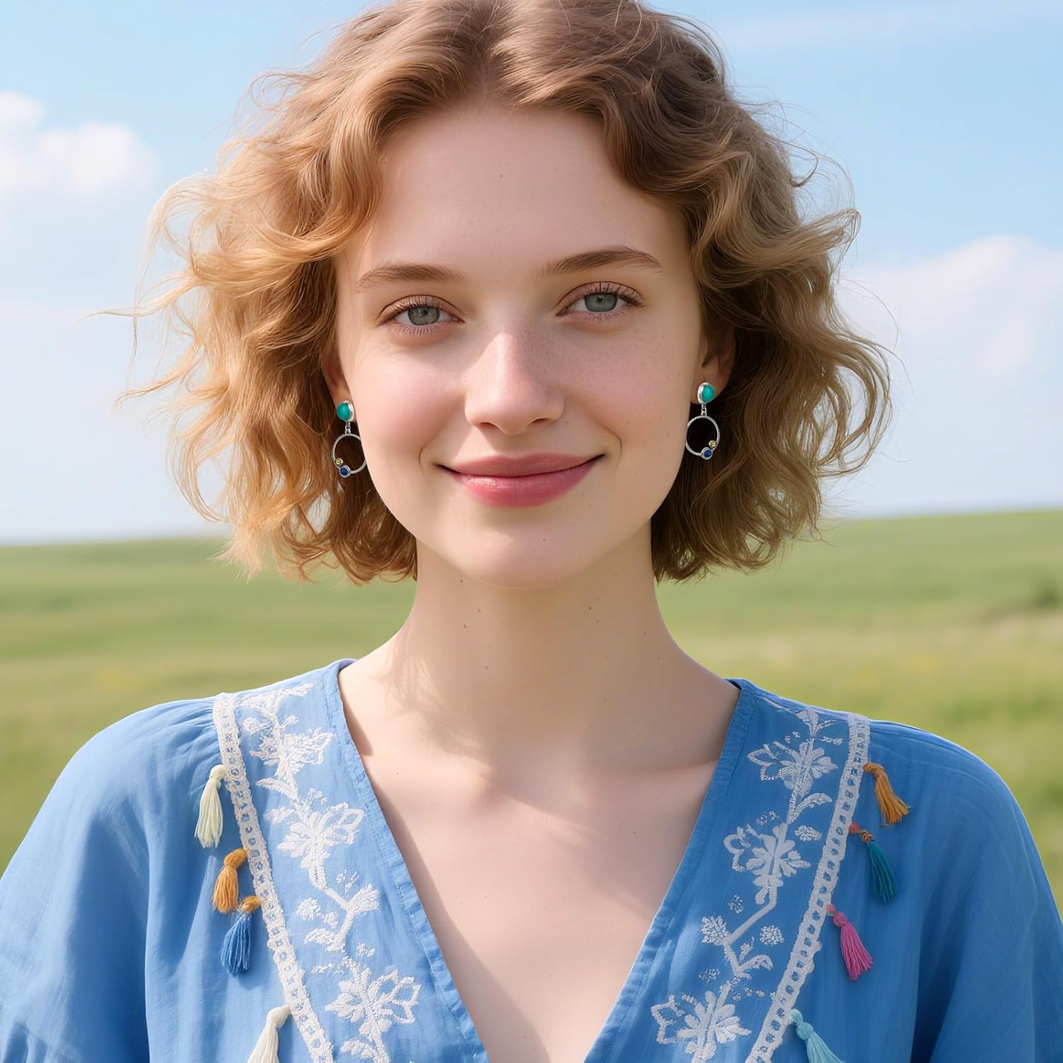 Silver and Blue Boho Turquoise Circle Sapphire Round Dangle Stud Vintage Drop Earrings for Women - Image 5