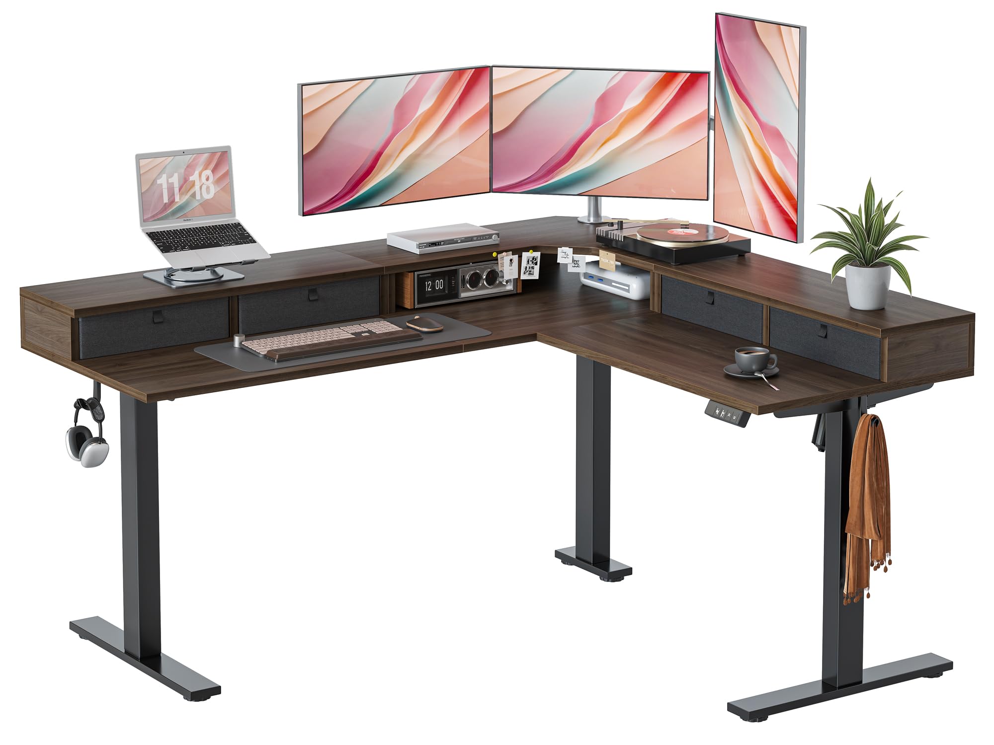 Photo 1 of TIQLAB L Shaped 63 x 55 inch Standing Desk Adjustable Height, Electric Corner Standing Desk with 4 Drawers and Upper Shelf, Sit Stand Computer Table with Splice Board, Black Walnut
