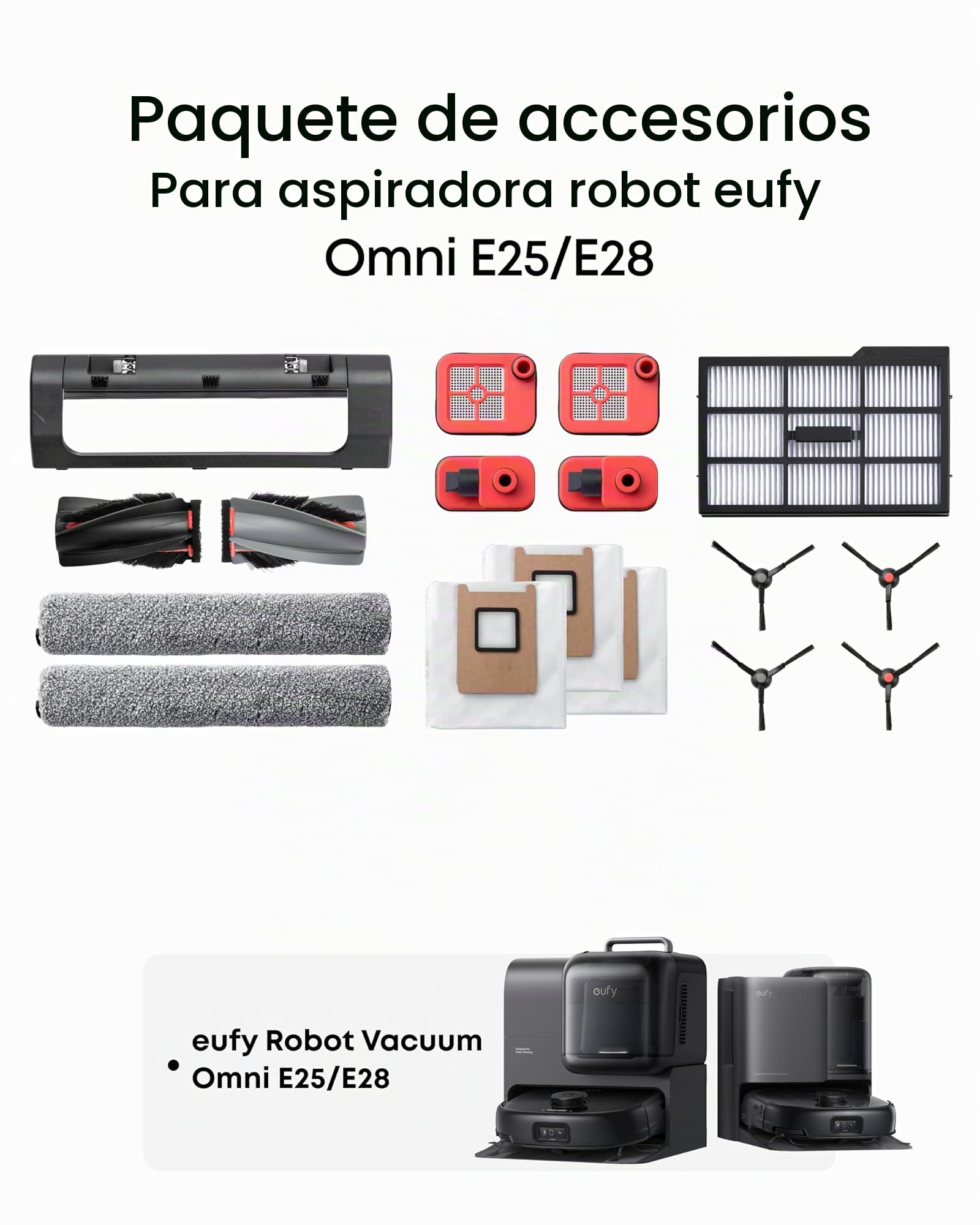 Juego de repuestos para robot aspirador eufy E25/E28 Omni, que incluye cepillo principal con cerdas y goma, cubierta del cepillo, 2 cepillos laterales, filtro lavable y 2 paños de limpieza.