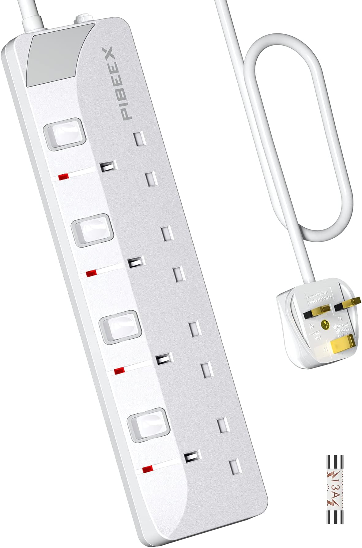 PIBEEX Extension Lead 4 Way Multi Plug Extension Sockets with Individual Switches Wall-Mounted Power Strip 3M Extension Cord 13A Fused UK Plug 3250W