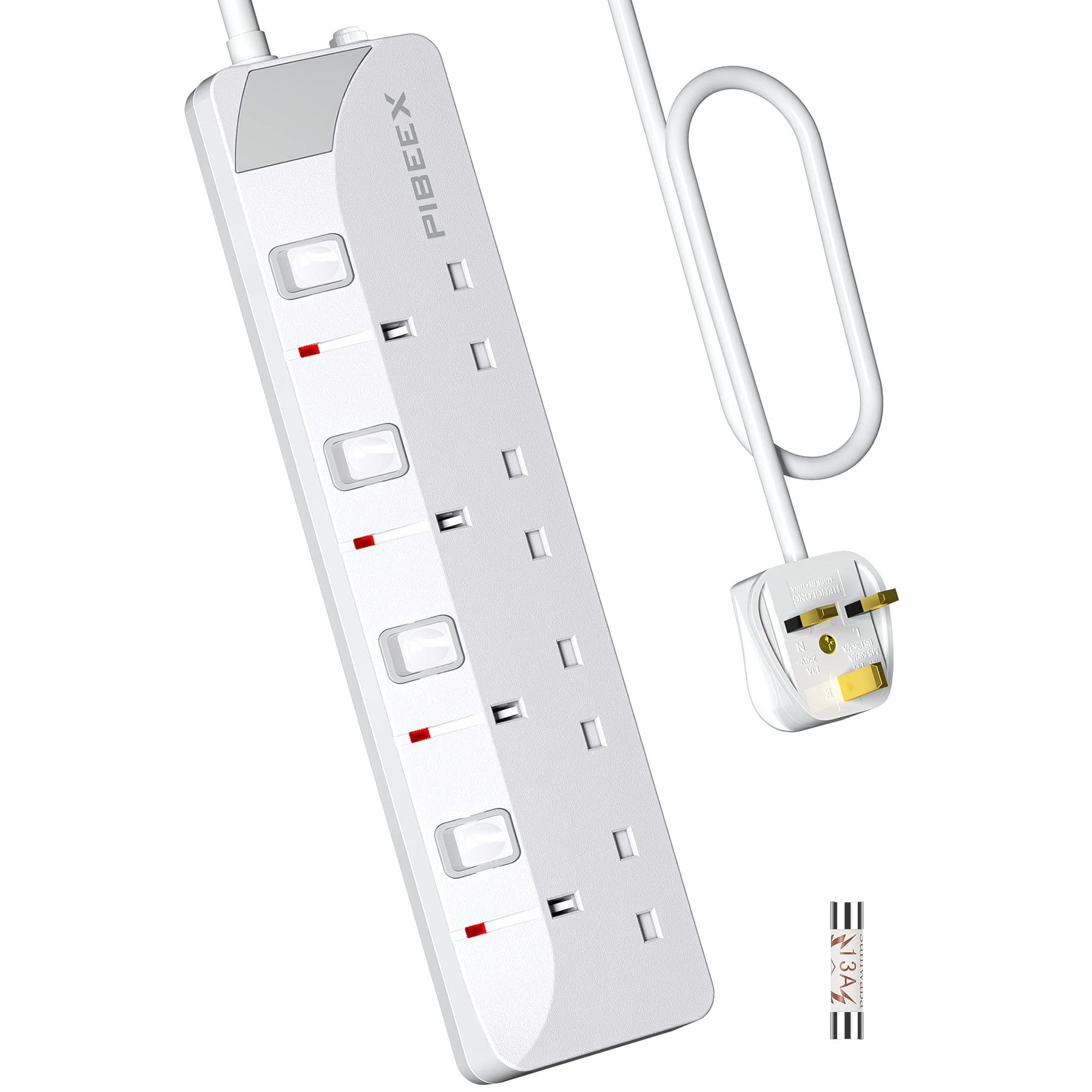 Extension Lead 4 Way Multi Plug Extension Sockets with Individual Switches Wall-Mounted Power Strip 3M Extension Cord 13A Fused UK Plug 3250W