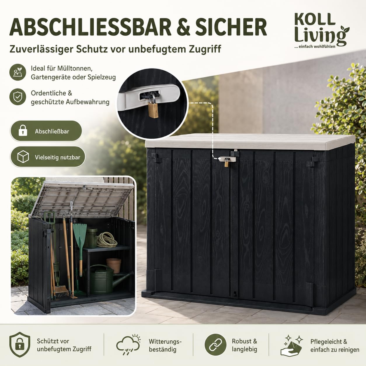 Koll Living Mülltonnenbox 'Vela' 1270 Liter | 145 x 85 x 125 cm | für 2X 240L Mülltonnen | Anthrazit | abschließbar | mit Gasdruckfedern | UV- & witterungesbeständig