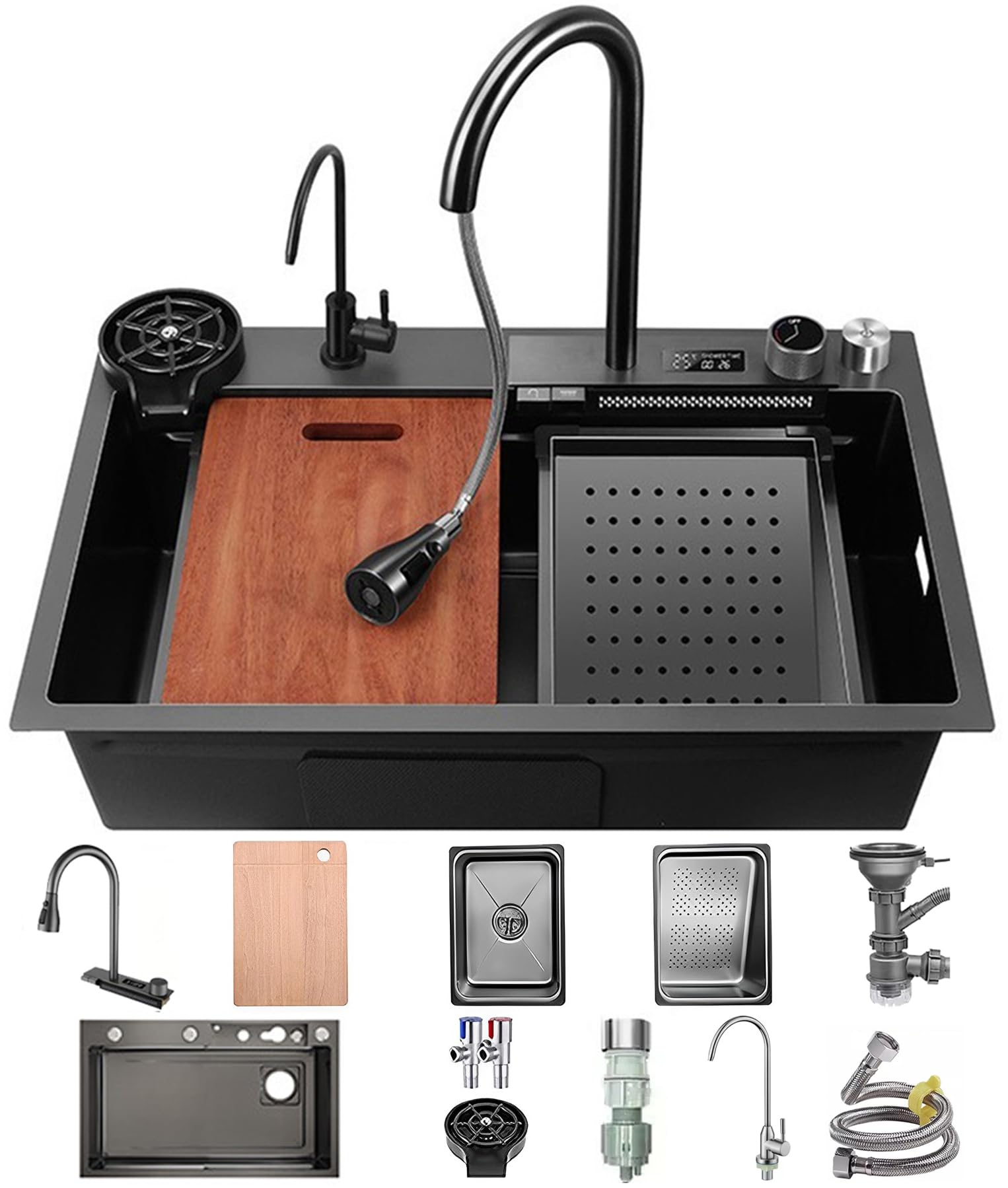 WIQUYBML 75 x 45 cm Stainless Steel Waterfall Kitchen Sink with Digital Tap, Multifunctional Bar Drain Basket, Basin, Chopping Board and Drainage Components